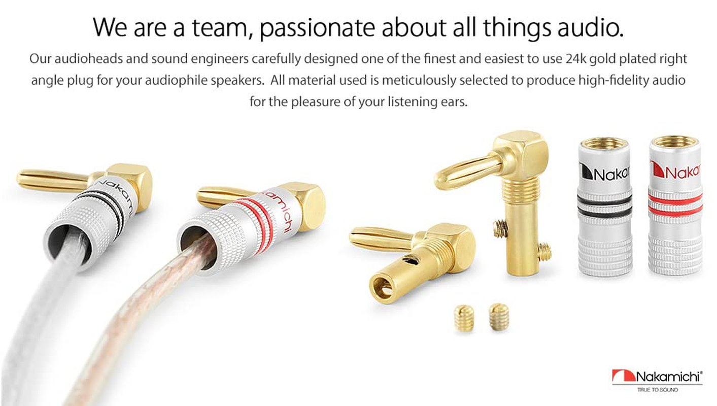 Nakamichi Excel Series 24K Gold Plated Banana Plug 12 AWG - 18 AWG Gauge Size 4Mm Speakers Amplifier Hi-Fi AV Stereo Home Theatre Audio Wire Cable Screw Connector (8 Pcs (4-Pairs), Right Angle Plug) image number 6