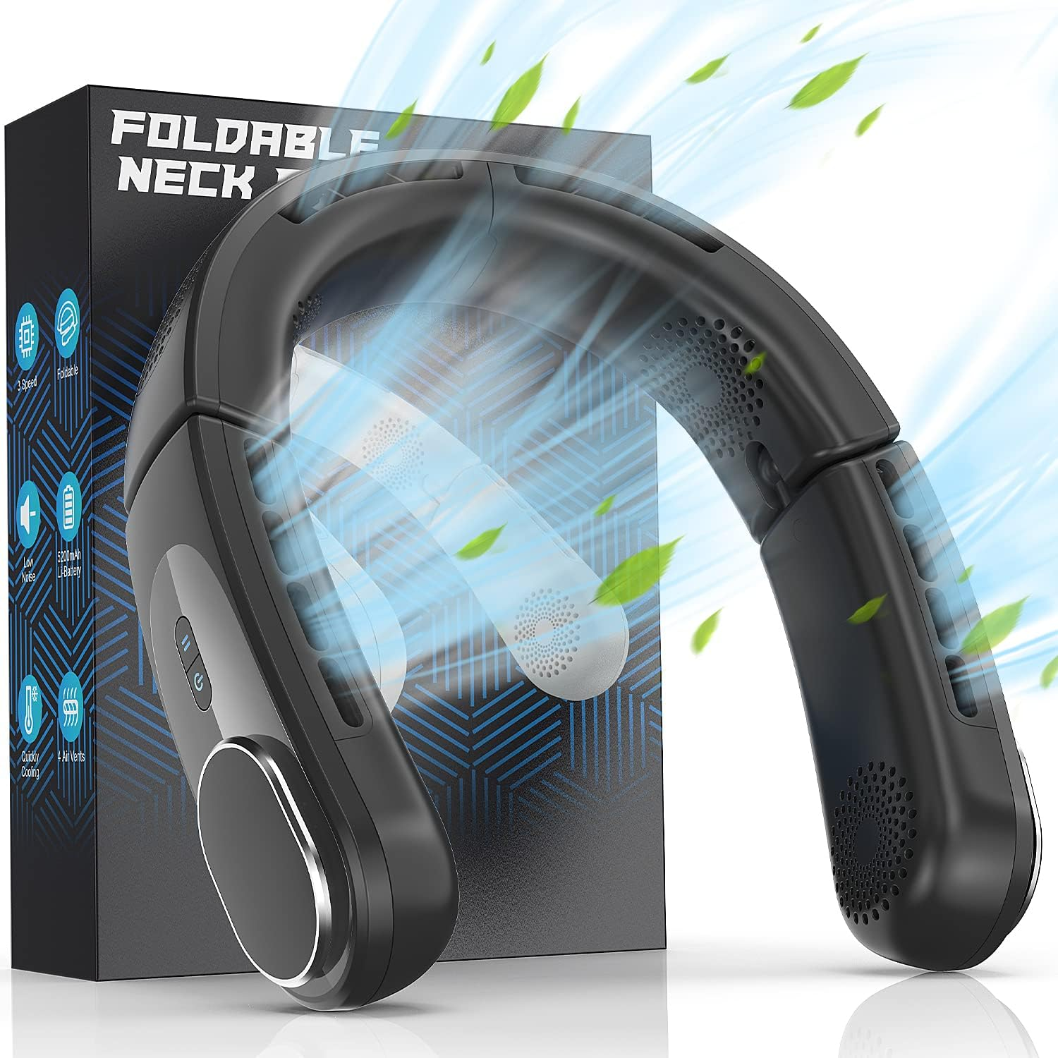 Korbot Modern Black Wearable Neck Fan, 3 Speeds, Foldable, Adjustable Air Vent, Rechargeable USB-C, 5200Mah Battery, Highly Efficient, Low Noise, Ideal for Travel, Kitchen, Indoor Use