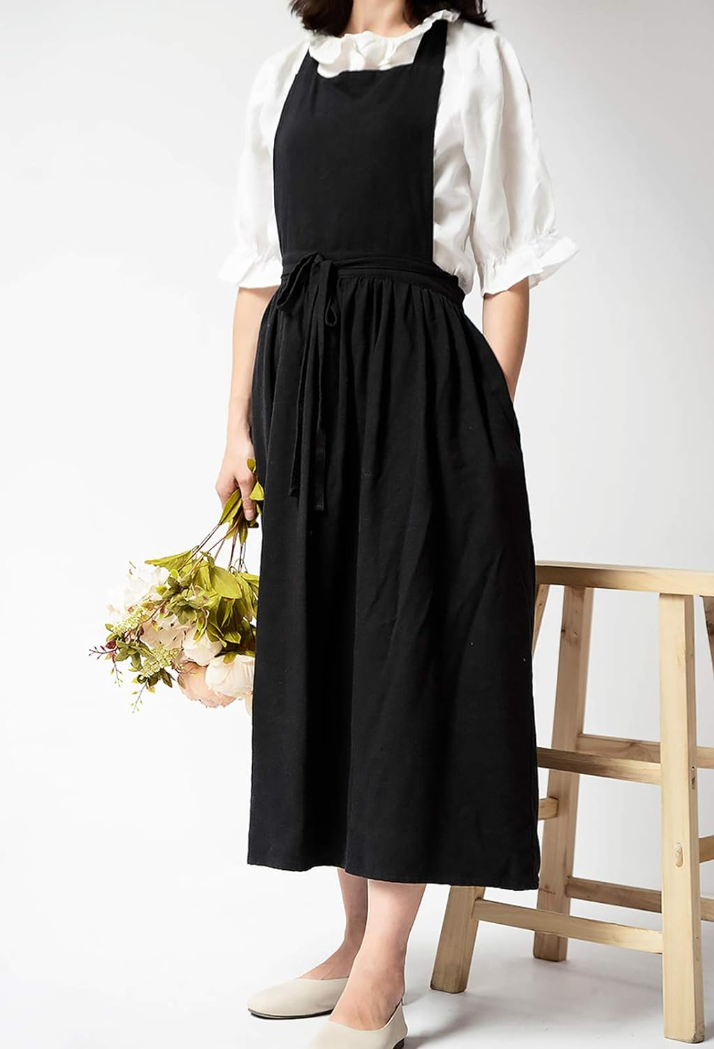 Pleated Cotton Long Apron X Back Kitchen Garden Florist Work Clothes Bib Dress image number 4