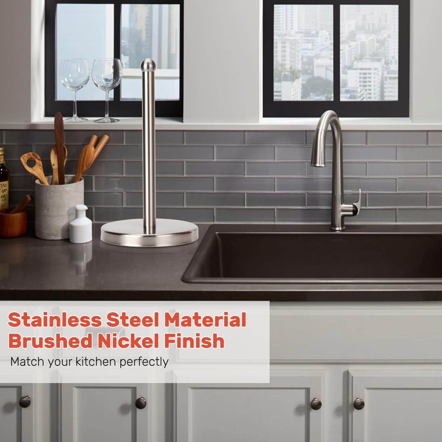 Heavy Weighted Towel Holder, Easy One-Handed Design for Kitchen Stand Dispenser, Sturdy Base for Standard and Mega Paper Rolls (Brushed - Stainless Steel Base) - Silver image number 2