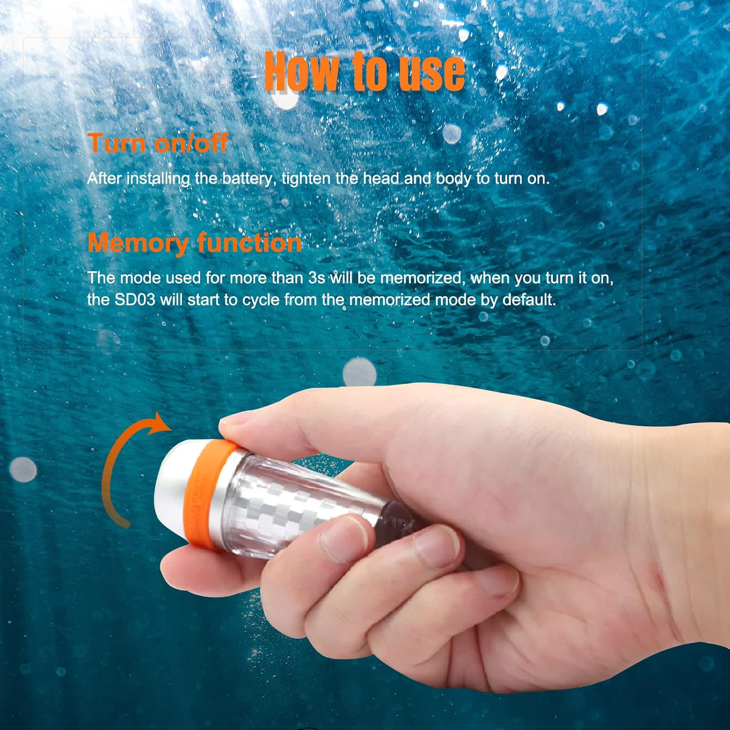 ORCATORCH SD03 Dive Beacon 4-Color-In-1 (Blue, Red, White, Green) 8 Modes Scuba Diving Signal Light with Constant Light or Flashing Mode Night Dive LED Marker Light, for 150M Underwater Diving image number 5