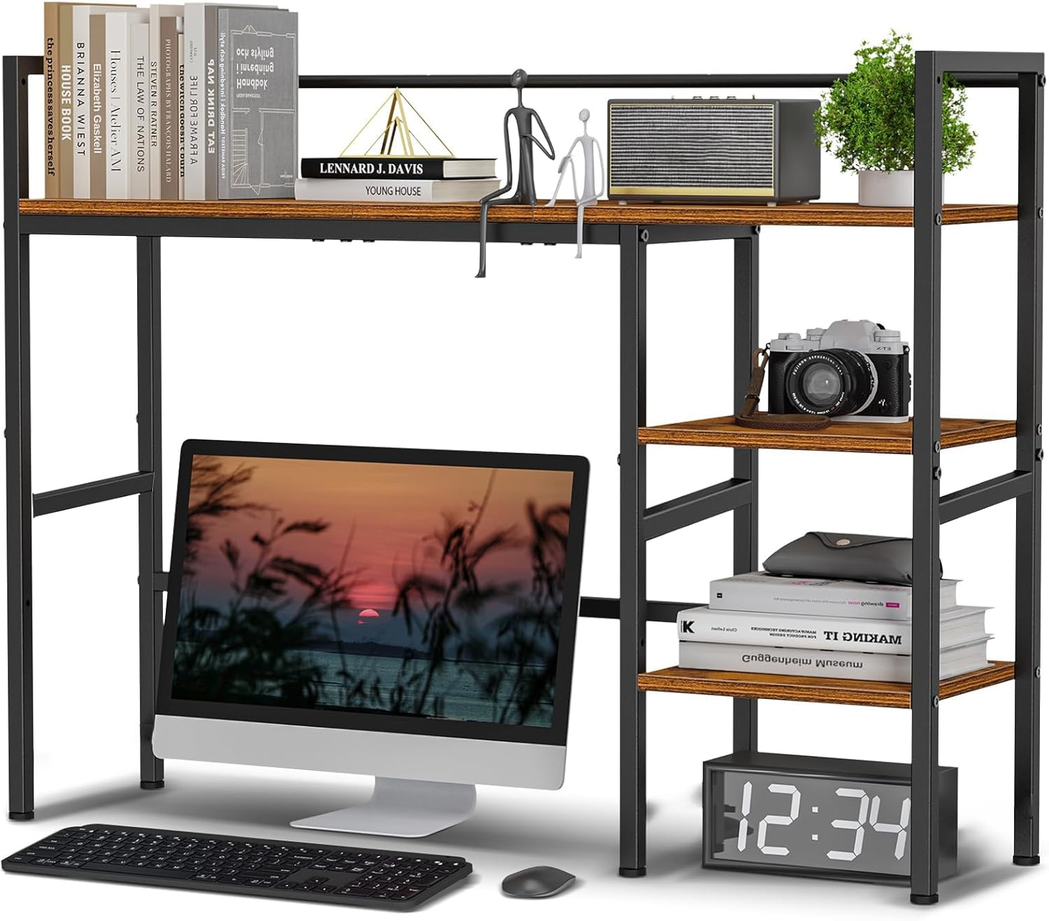Desk Shelf, 98 Cm Desktop Organizer Shelf, Desk Hutch for Computer Monitor, 4 Tier Desktop Display Rack, Wood Bookshelf Storage Rack for Home Office Dorm (Rustic Brown, 98 CM) image number 1