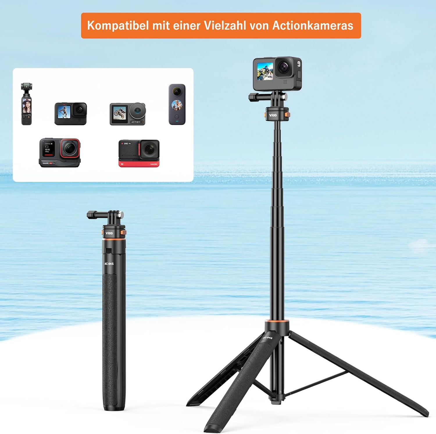 VRIG 160 Cm Tripod for Action Camera, AC-04S Camera Tripod with Magnetic Quick Release Head, Selfie Stick Tripod, Camera Tripod with Go Pro 13/12/11/10/9, DJI Action 5 Pro/ 3/2 and Insta 360 image number 1