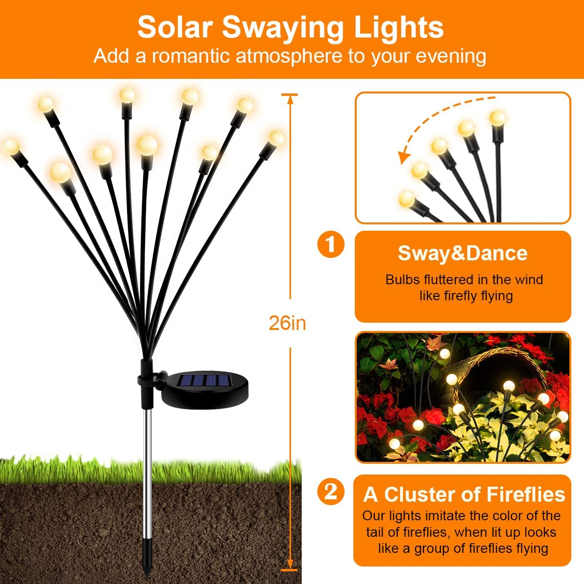 HELESIN 2 Pack Solar Garden Lights Outdoor, 20 LED Solar Light, Solar Outdoor Garden Light Waterproof Firefly Lights for Pathway Yard Patio Landscape Outdoor Decor, Warm White image number 5