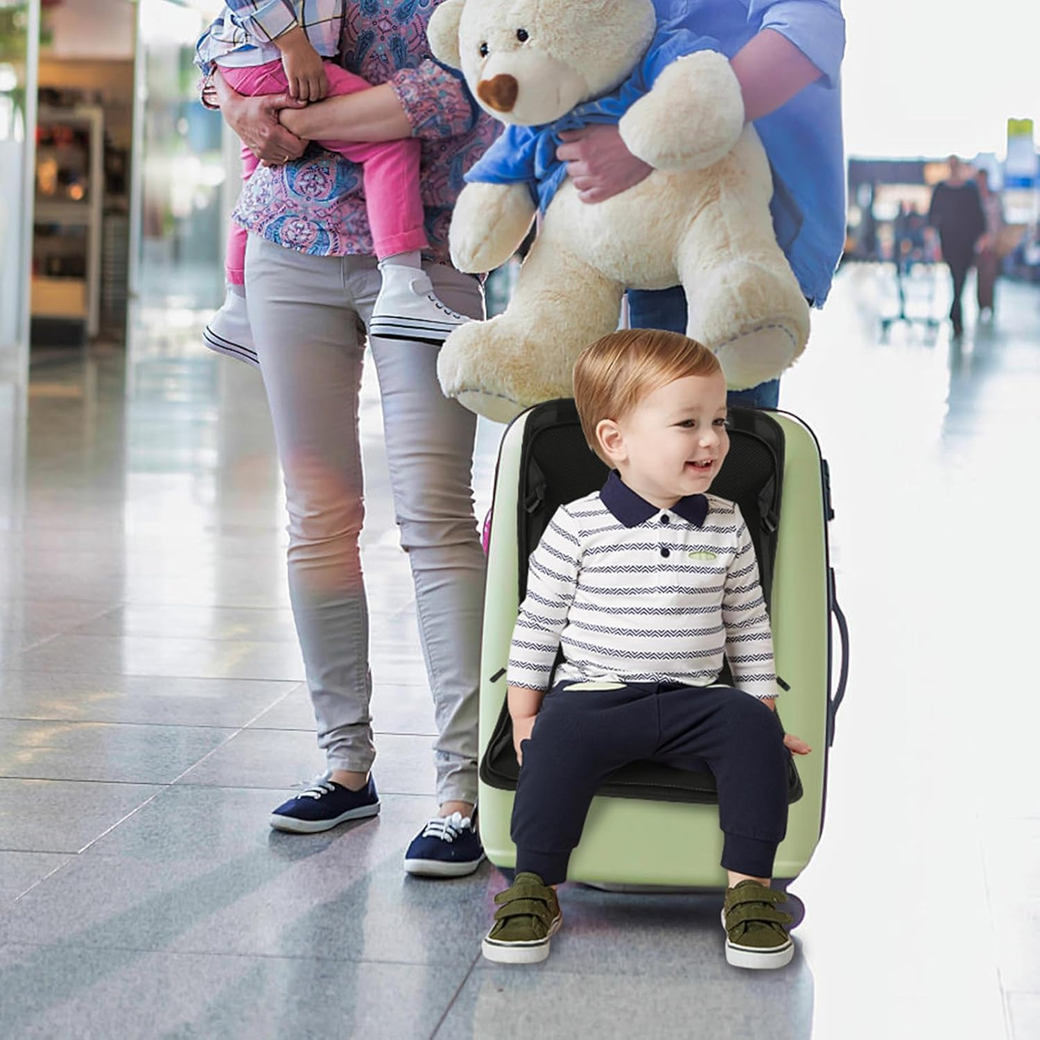 Upgraded Kids Travel Seat - Portable Folding Luggage with Safety Seat Belt | Ergonomic Child Suitcase for Airplane & Car | Lightweight Travel Accessories for Family Airport Trips (Black) image number 4