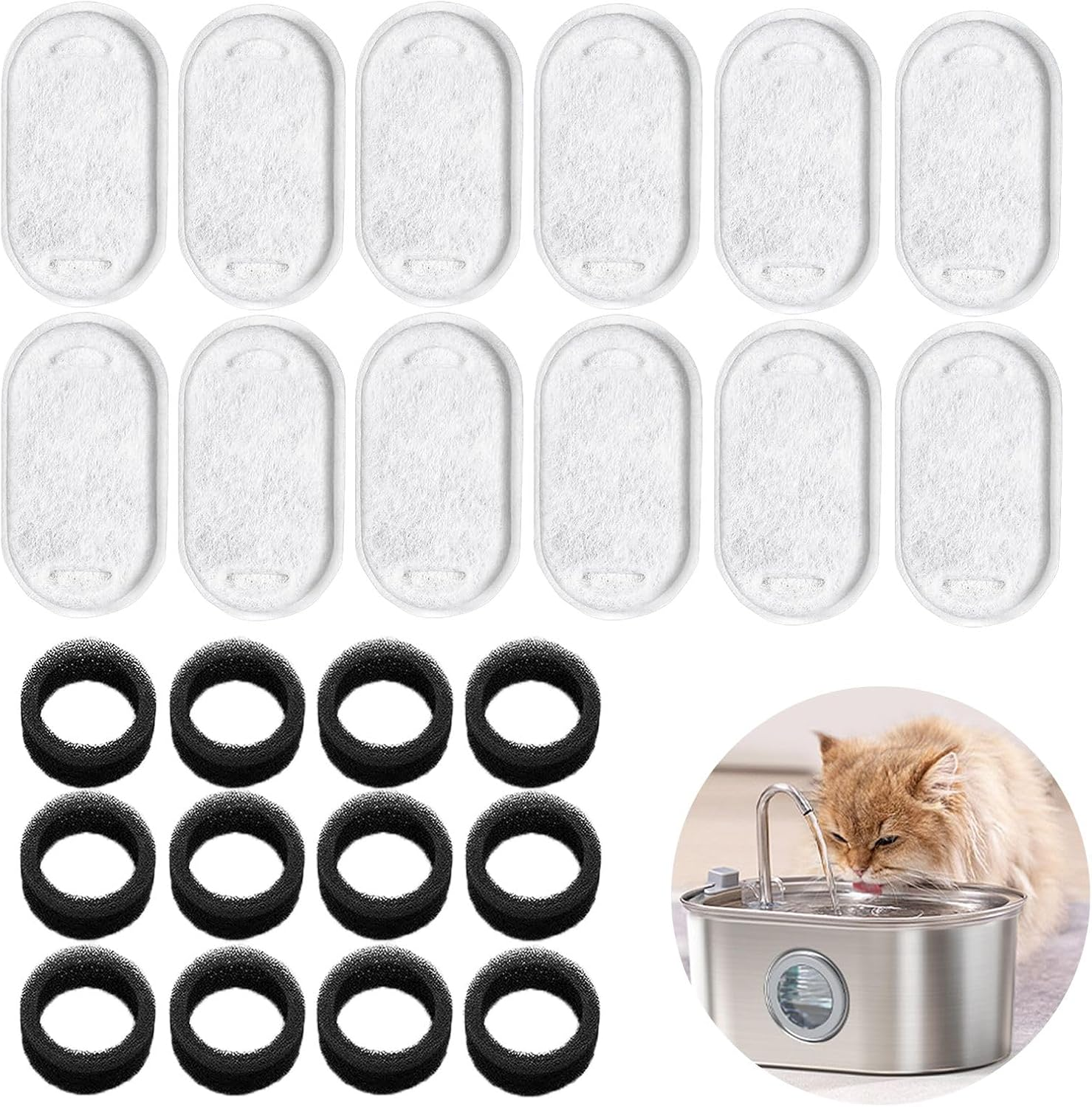 24 Pcs Cat Water Fountain Filters Set, 12 Pcs Carbon Filters and 12 Pcs Foam Filter, Cat Fountain Filters, Pet Water Fountain Filters for 3.2L/2L Cat Water Fountain and Pet Water Fountain image number 4