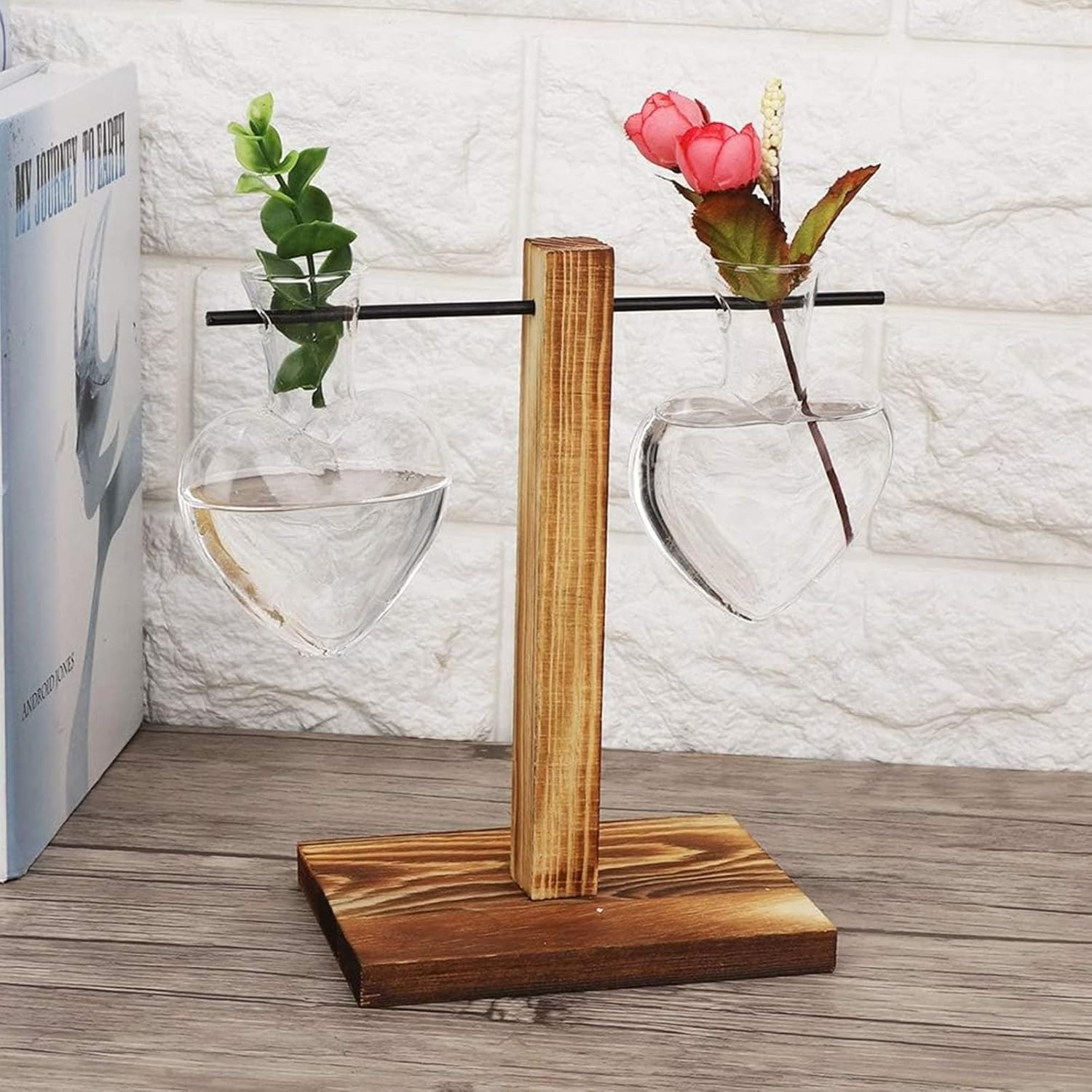 Glass Plant Terrarium with Wooden Stand,Creative Double Heart Glass Hydroponic Vases for Desktop Planter Bud Hydroponic Plant Home Garden Office Decoration (B) - A image number 5