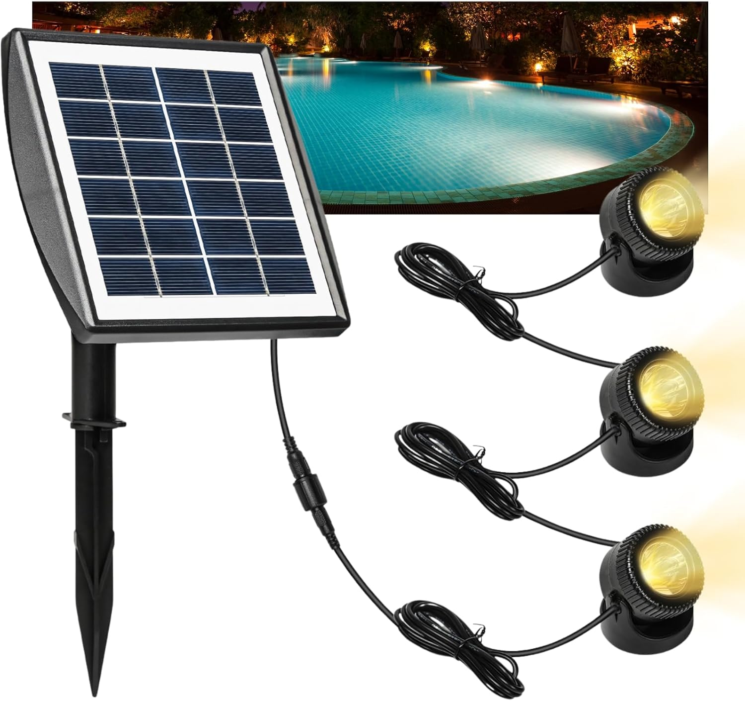 Jadeshay Solar Pond Lighting, 6 V 2 W Polycrystalline Solar Panel Diving Spotlight Solar Underwater Spotlight with 1 W 3 Lamps Waterproof Landscape Spotlight for Garden Pond image number 5