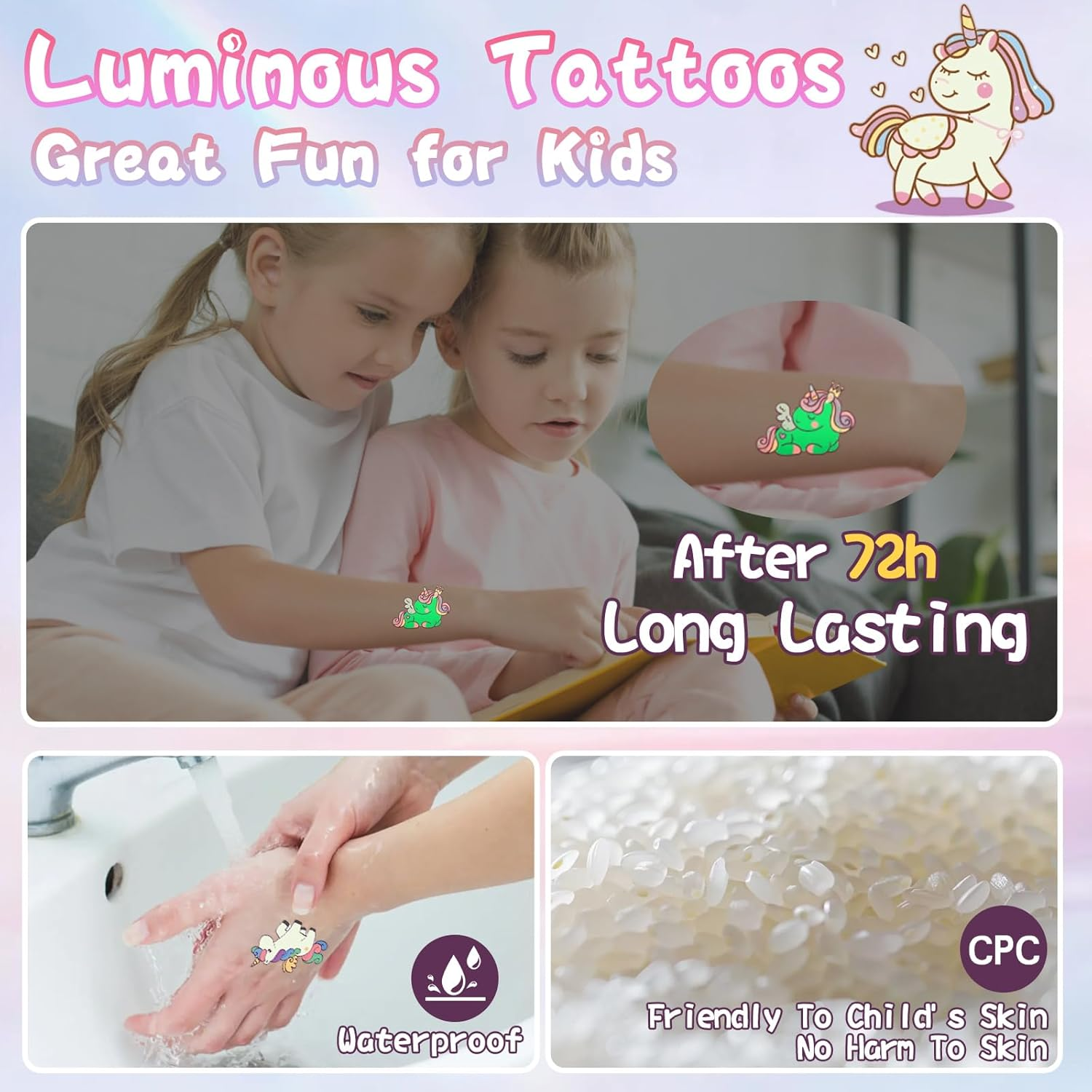 20 Sheets Luminous Temporary Tattoos Kids, Unicorn & Dino Themes Glow Temporary Tattoos Stickers for Girls Boys, Glow Party Supplies Gifts (Unicorn) - Unicorn image number 2