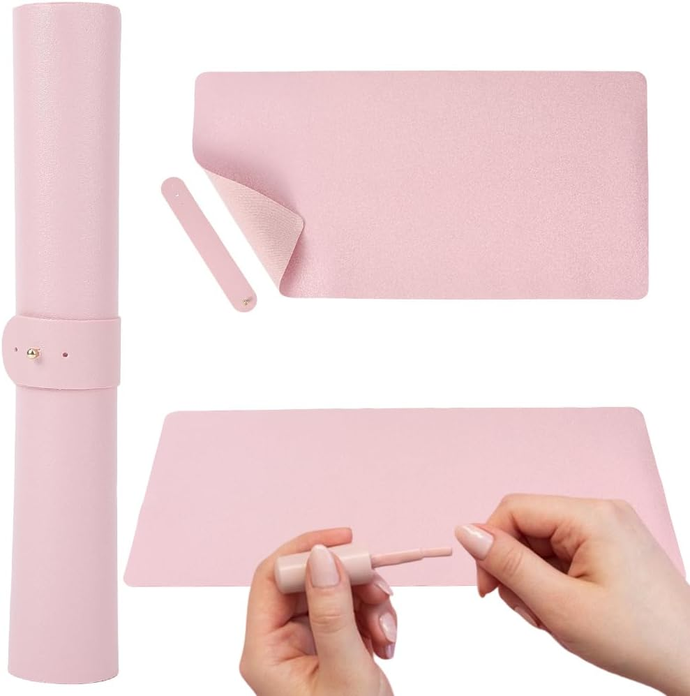 CABODYALS Pink Nail Art Table Mat Foldable Soft Single Side PU Leather Arm Hand Rest Pad Non Slip Waterproof Protective Washable Computer Keyboard Desk Mats for Home Manicure Salon Work Writing