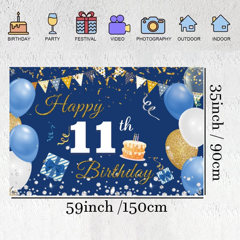 11Th Birthday Decorations Backdrop Banner for Boys/Girls Happy 11 Years Old Fabric Sign Poster, Blue Photography Background 11Th Birthday Party Supplies, 59"X35.4" image number 3