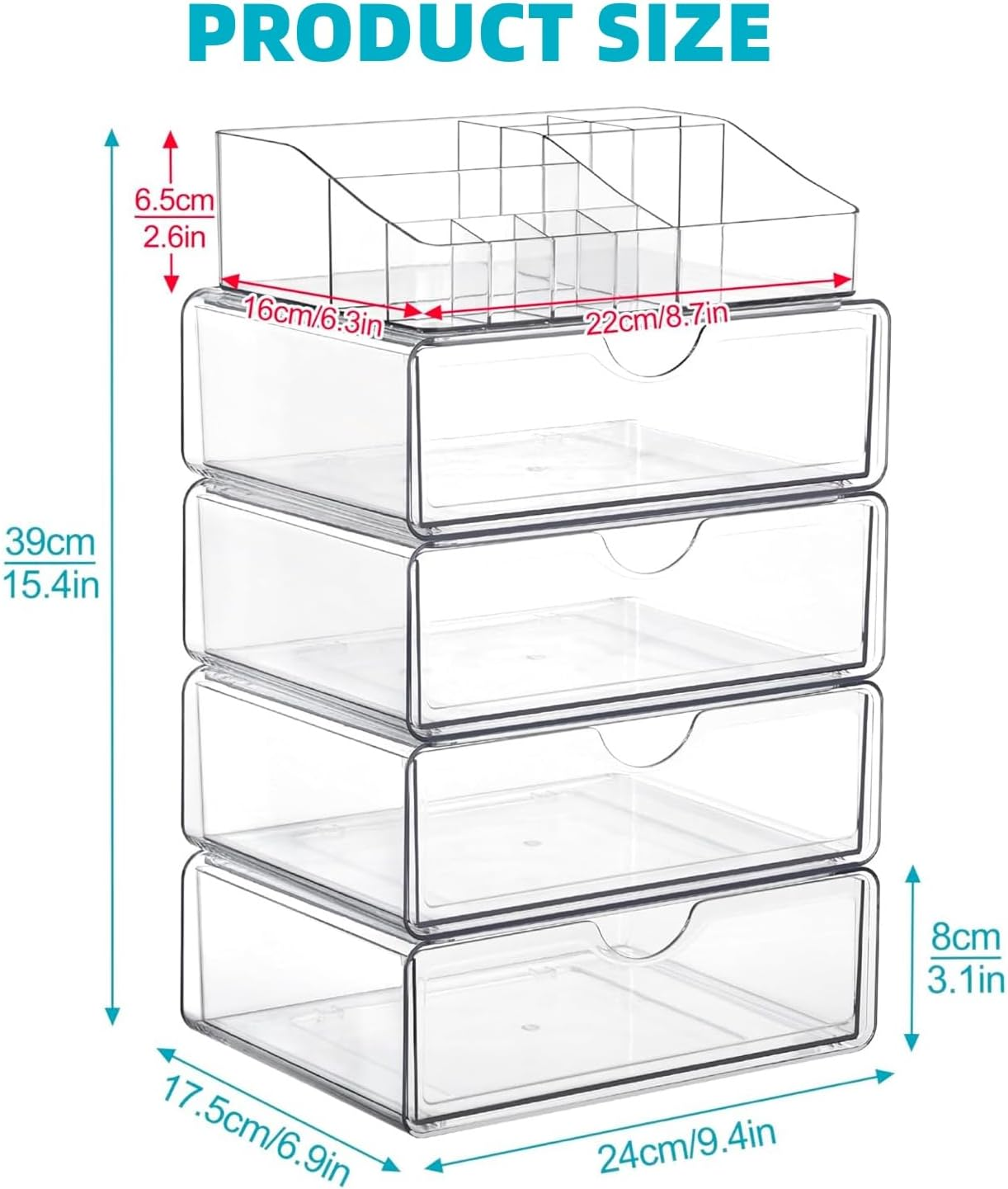 5 Tier Clear Makeup Organizer with Drawer, Beauty Holder for Lipstick Brush Skincare，Cosmetic Storage for Dresser Countertop and Bathroom Vanity (5 Tier) image number 2