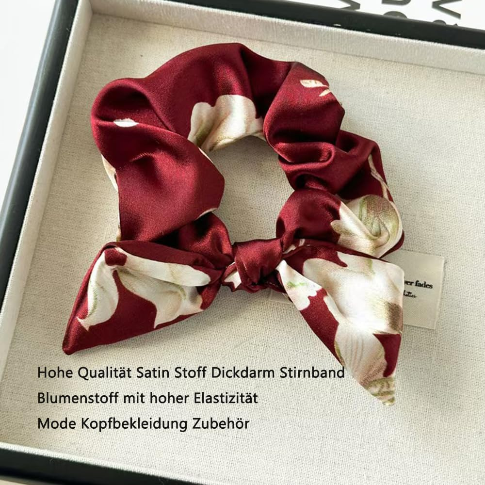 Hair Scrunchie with Bow, Satin Silk Bowknot Hair Bobbles, Ponytail Holder, Elastic Velvet Hair Band, Silk Scarf, Rabbit Ears Shape for Women (Style A, Pack of 6)