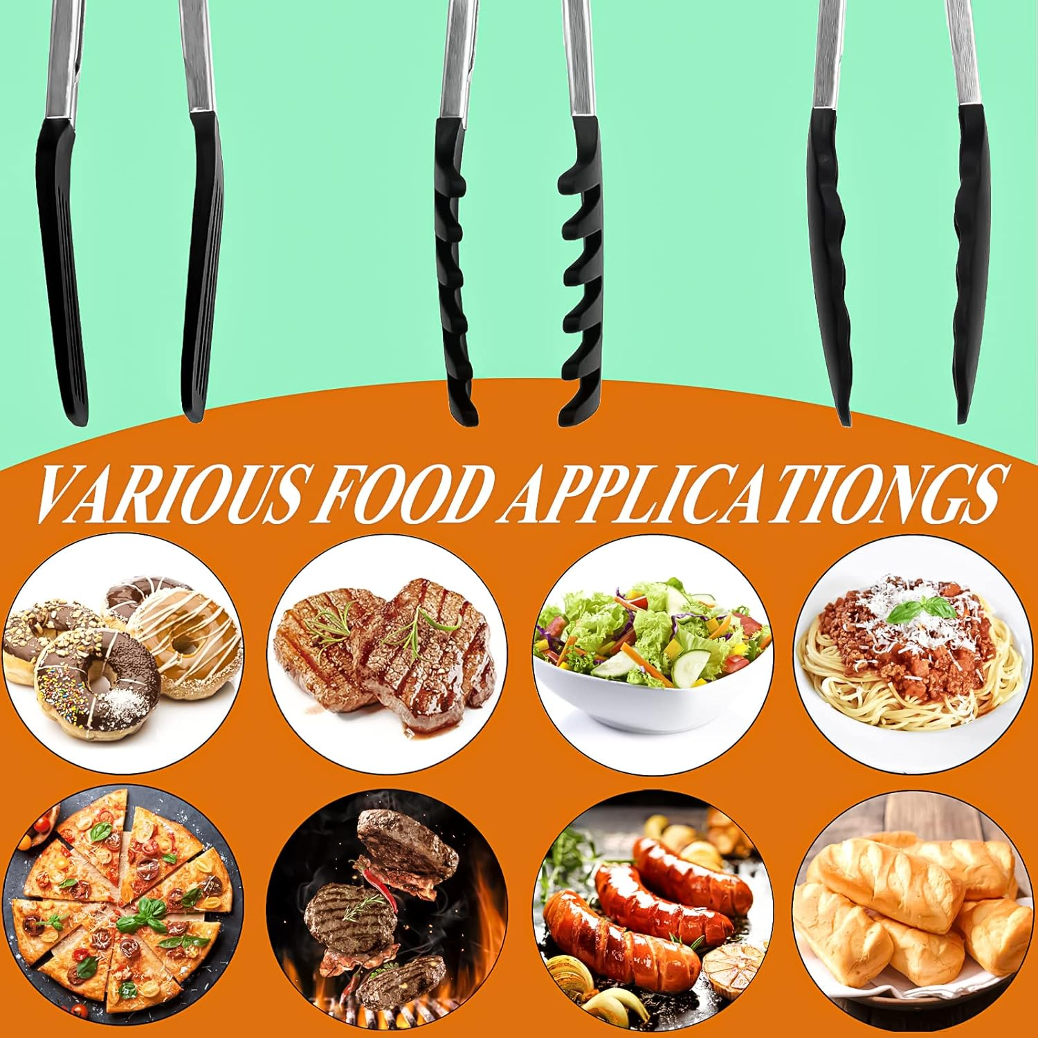 HST Tongs for Cooking with Silicone Tips(3 Pack), Non Stick Kitchen Tongs with Silicone Tip for Cooking BBQ Baking (9", Black) image number 1