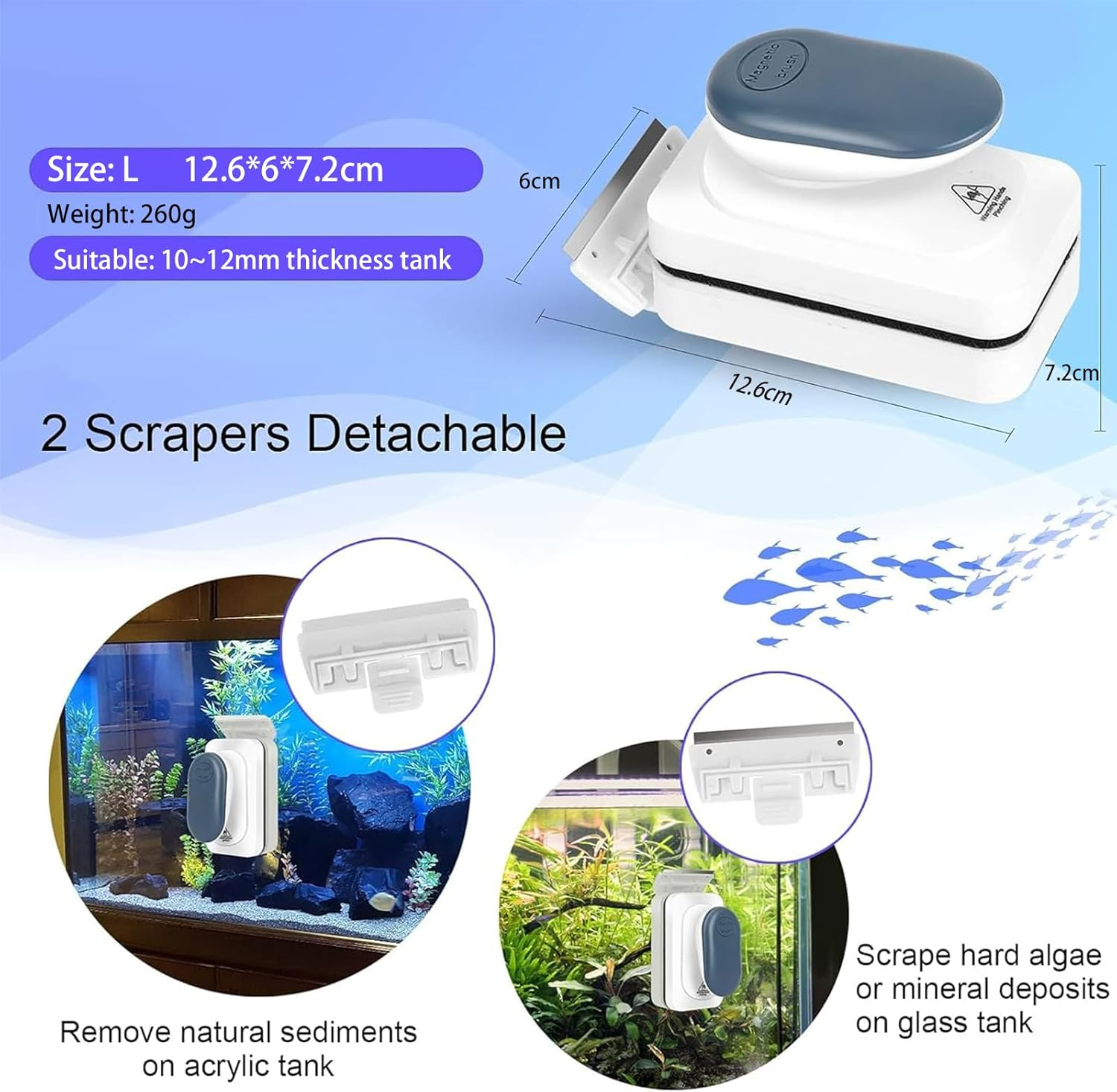 Aquarium Strong Magnetic Glass Cleaner Brush, Fish Tank Algae Magnet Cleaning Tool with 2 Detachable Scrapers, Mag Float Scrubber for 12Mm Thick Glass and Acrylic Tanks (Large) image number 3