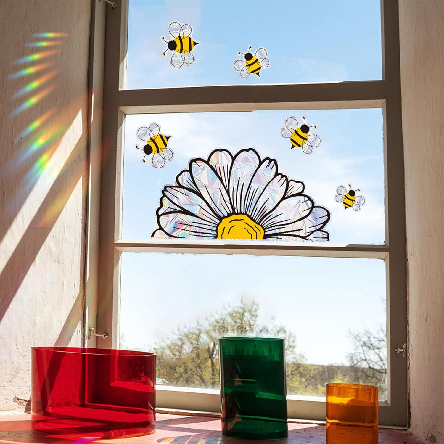 Bee and Sunflower Suncatchers Stickers Prism Glass Decor Anti-Collision Stickers for Birds Vinyl Window Clings Glass Decal for Home Mirror Sticker Flower Window Gels(Bee and Flower)