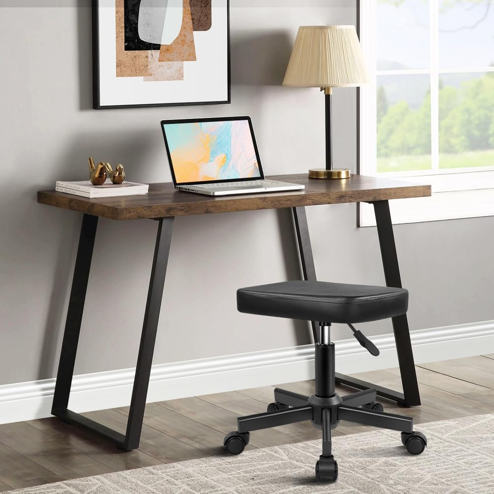 Rolling Stool Height Adjustable 360&deg; Swivel Stool with Wheels Square Seat PU Leather Rolling Stool for Bedroom Counter Shop Salon Massage Home Office Desk (Black) image number 4