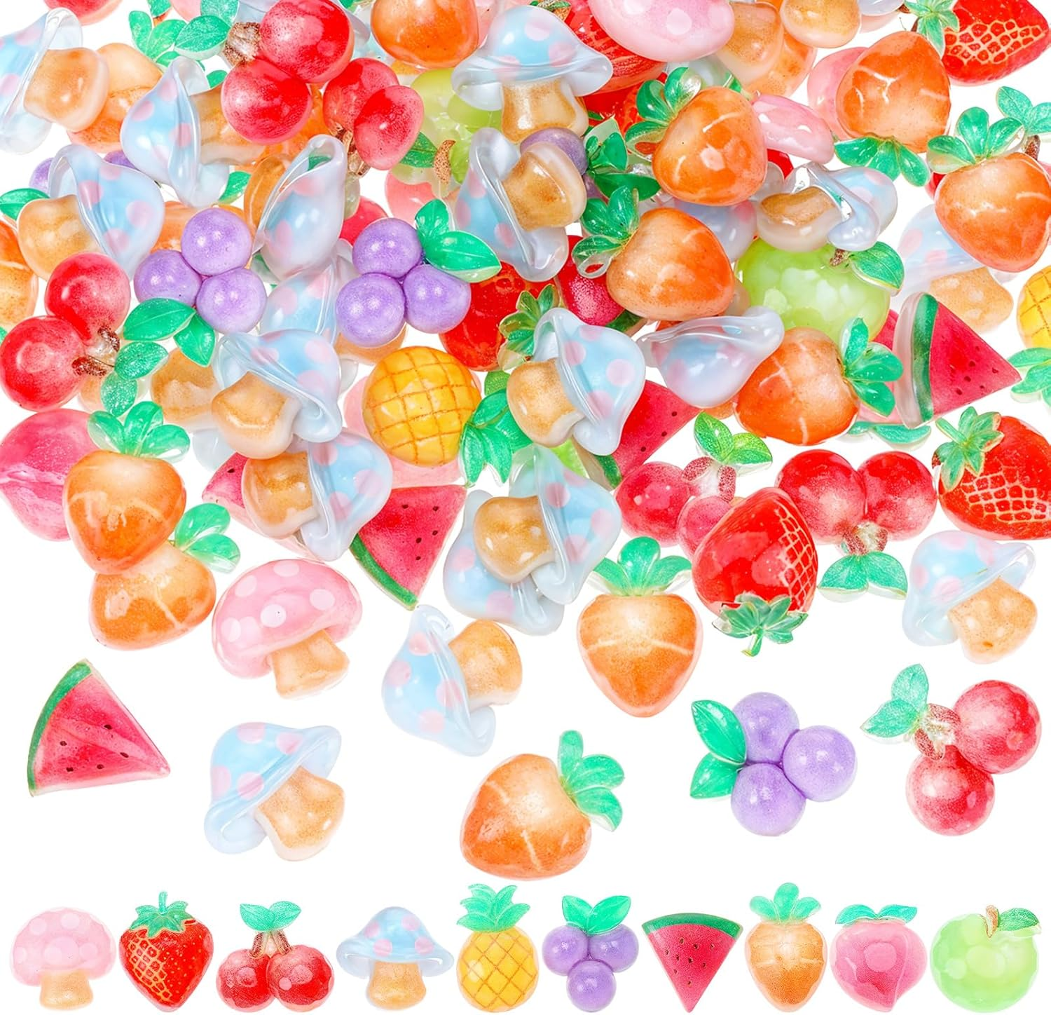 YBEATY 100PCS Charms Cute Set Sweet 3D Nail Nail Charm Mixed Flatback Resin Charms Color Fruit Watermelon Mushroom Peaches Grapes Charm for Art Decorations DIY Accessories Crafts Phone Case Ornament image number 1