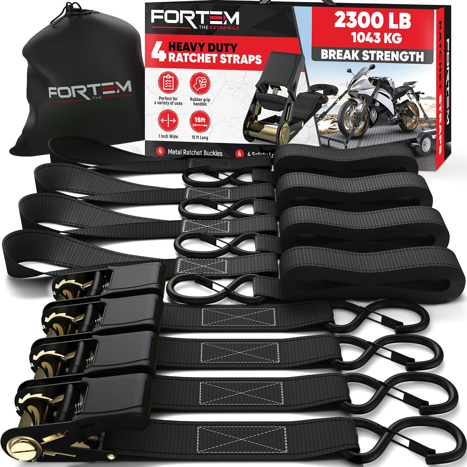 FORTEM Ratchet Straps, 2300Lb Break Strength, 4 15Ft Tie down Strap Set, 4 Soft Loops, Motorcycle Straps Tie Downs, Cargo Straps for Trucks, Rubber Handles, S-Clips, Coated Metal Hooks, (Black) image number 5