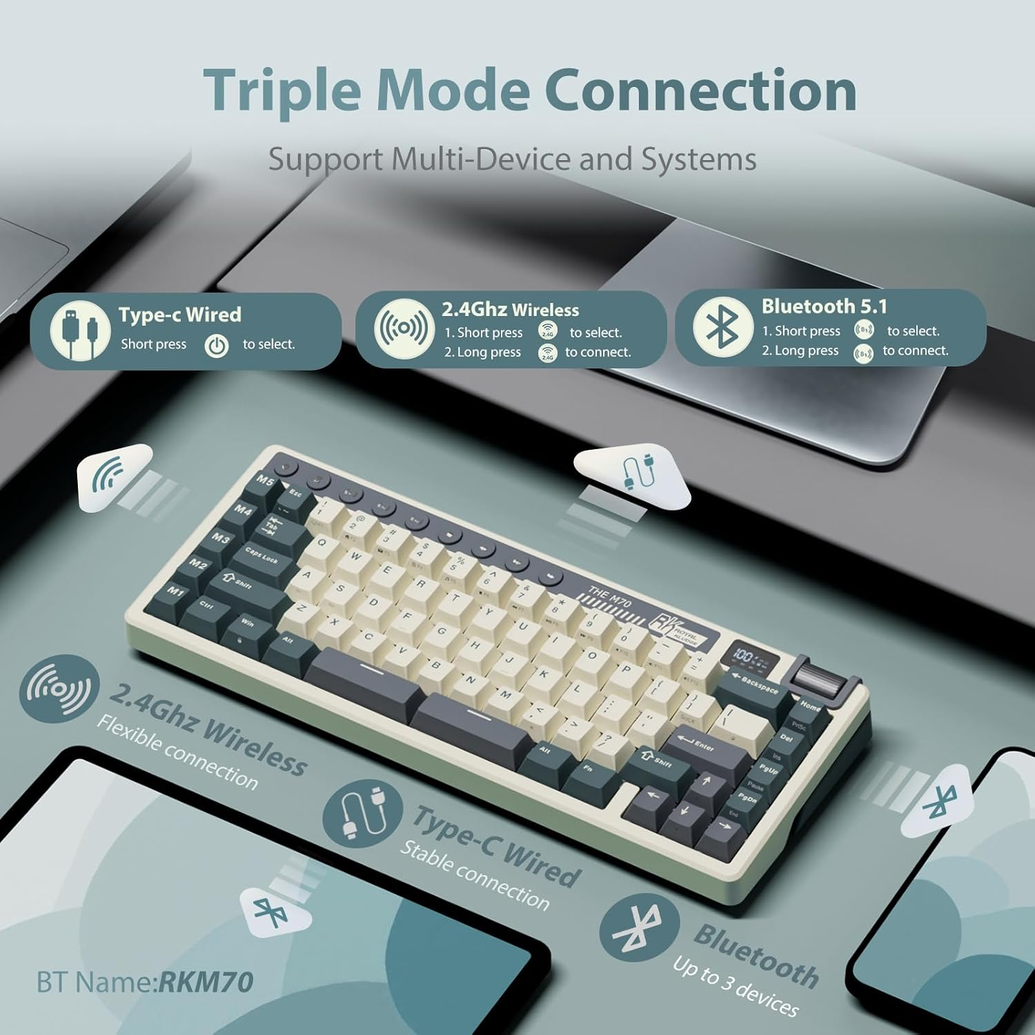 RK ROYAL KLUDGE M70 Mechanical Keyboard 2.4Ghz/Bt5.1/Wired 70 Keys Wireless Gaming Keyboard Gasket Mounted ABS Keycaps Beige Switch Blue image number 5