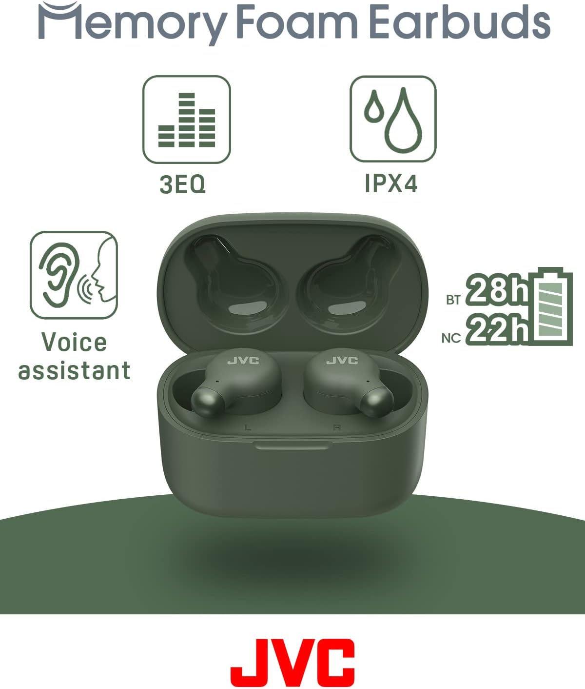 JVC HA-Z250T-G True Wireless Active Noise Cancelling Headphones, Soft & Comfortable Memory Foam Earplugs, 3 Sound Modes, BT 5.3, 28 Hours Battery Life, Green - Green image number 4