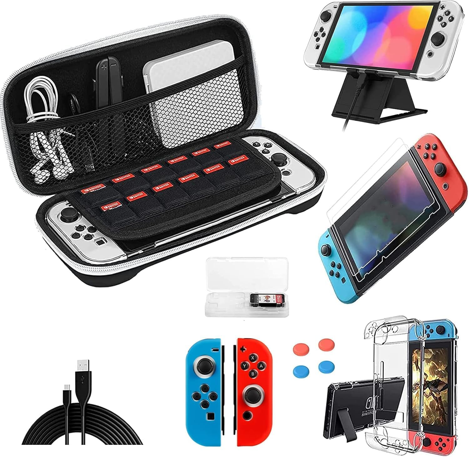 Carrying Case for Nintendo Switch OLED, Travel Accessories Pouch with Screen Protector, Dockable Protective Cover Case, Charging Cable, Adjustable Kickstand & Thumb Grip Caps image number 2