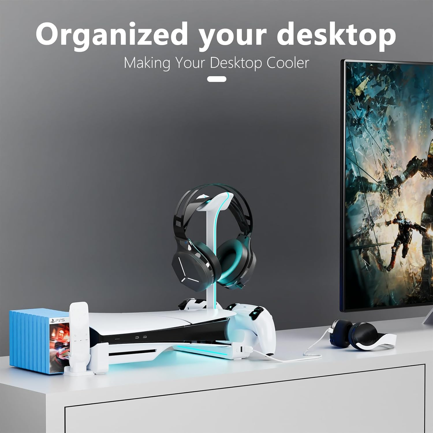 HONCAM Horizontal Stand for Ps5 Slim Disc & Digital Console, PS5 Slim Stand with Dual Controller Charger and 7 RGB Light, PS5 Slim Accessories for 2023 PS5 Slim Console (NOT Fit 2020 PS5), White image number 2