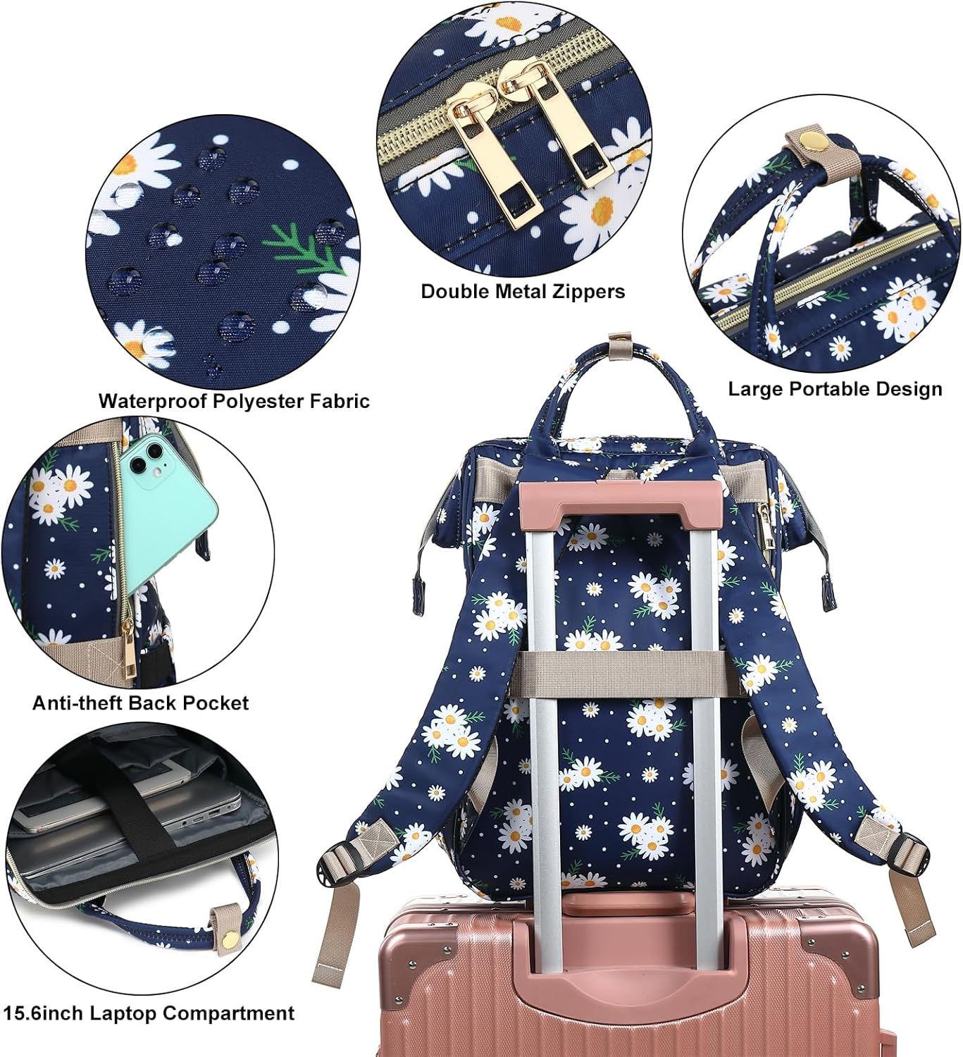 Dezcrab Lunch Backpack for Women Girls, Insulated Cooler Backpack Laptop Backpack School Backpack Bookbag Nurse Work Backpack - Daisy image number 3