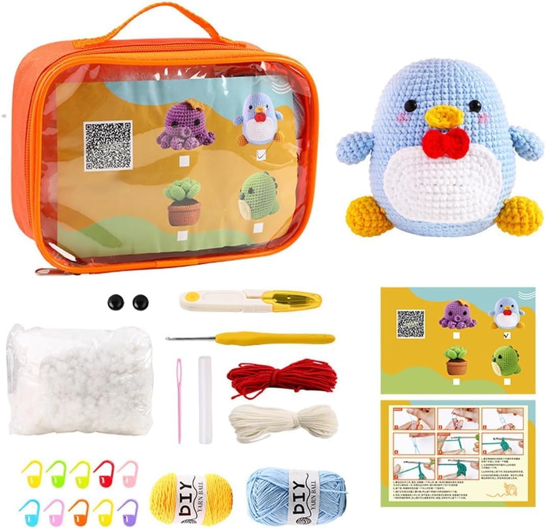 Cute Animal Pattern Crochet Starter Kit for Beginners - Complete Set for Adults and Kids - DIY Penguin Project image number 1
