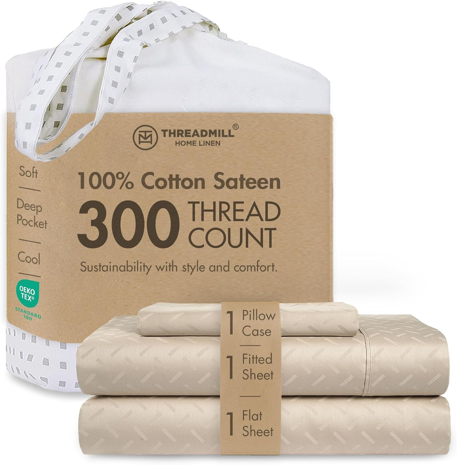 (Twin XL, Astra Beige) - 300 Thread Count Astra Jacquard Collection 100% Cotton Sheets 3 Piece Bedsheet Set, Luxury Bedding All around Elastic Fits Mattresses up to 46Cm Deep Pocket Smooth Sateen Twin XL Size Beige image number 4