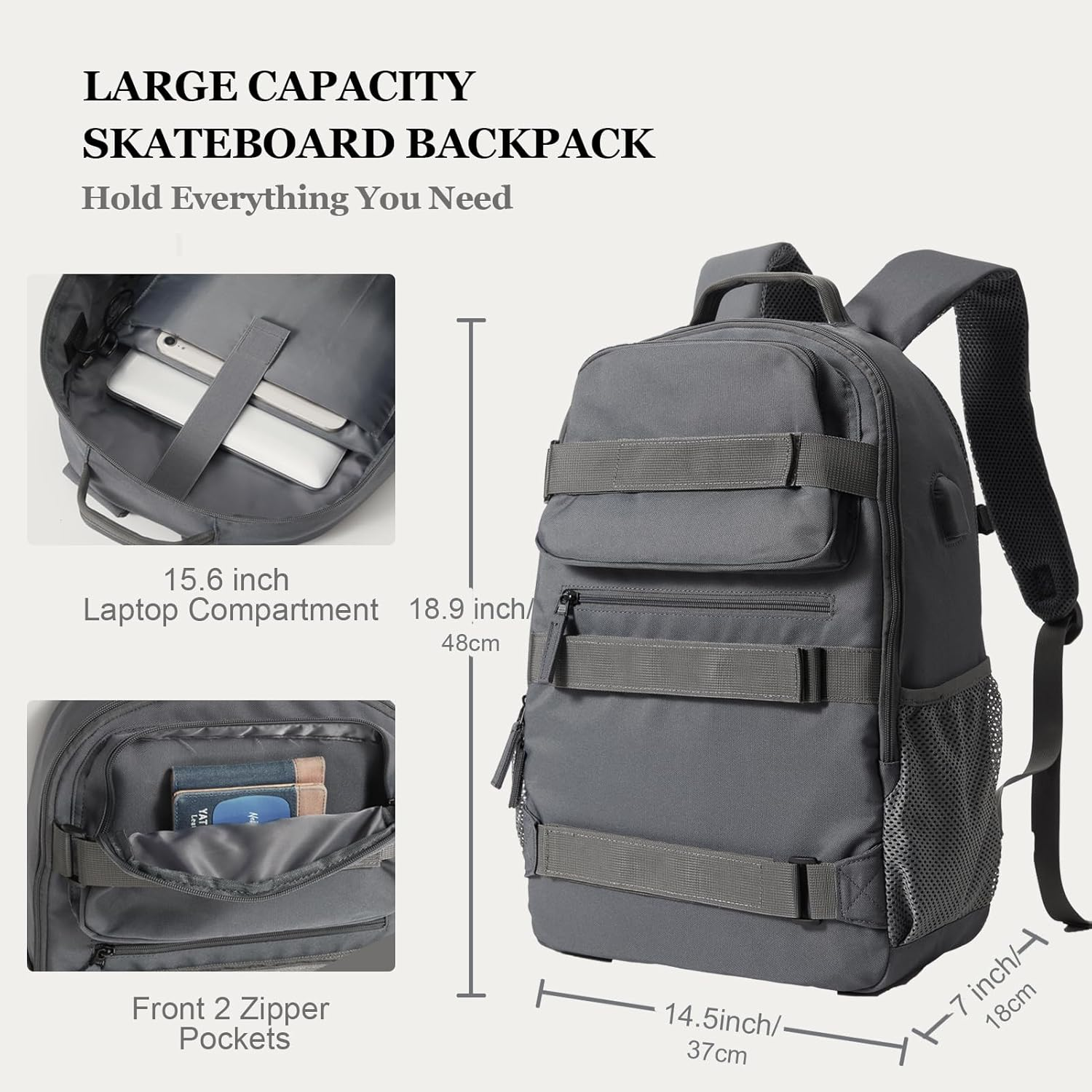 Skateboard Backpack, Large Skateboard Bag for Men and Women Laptop Bag with USB Port, for Skateboarding, College, Travel