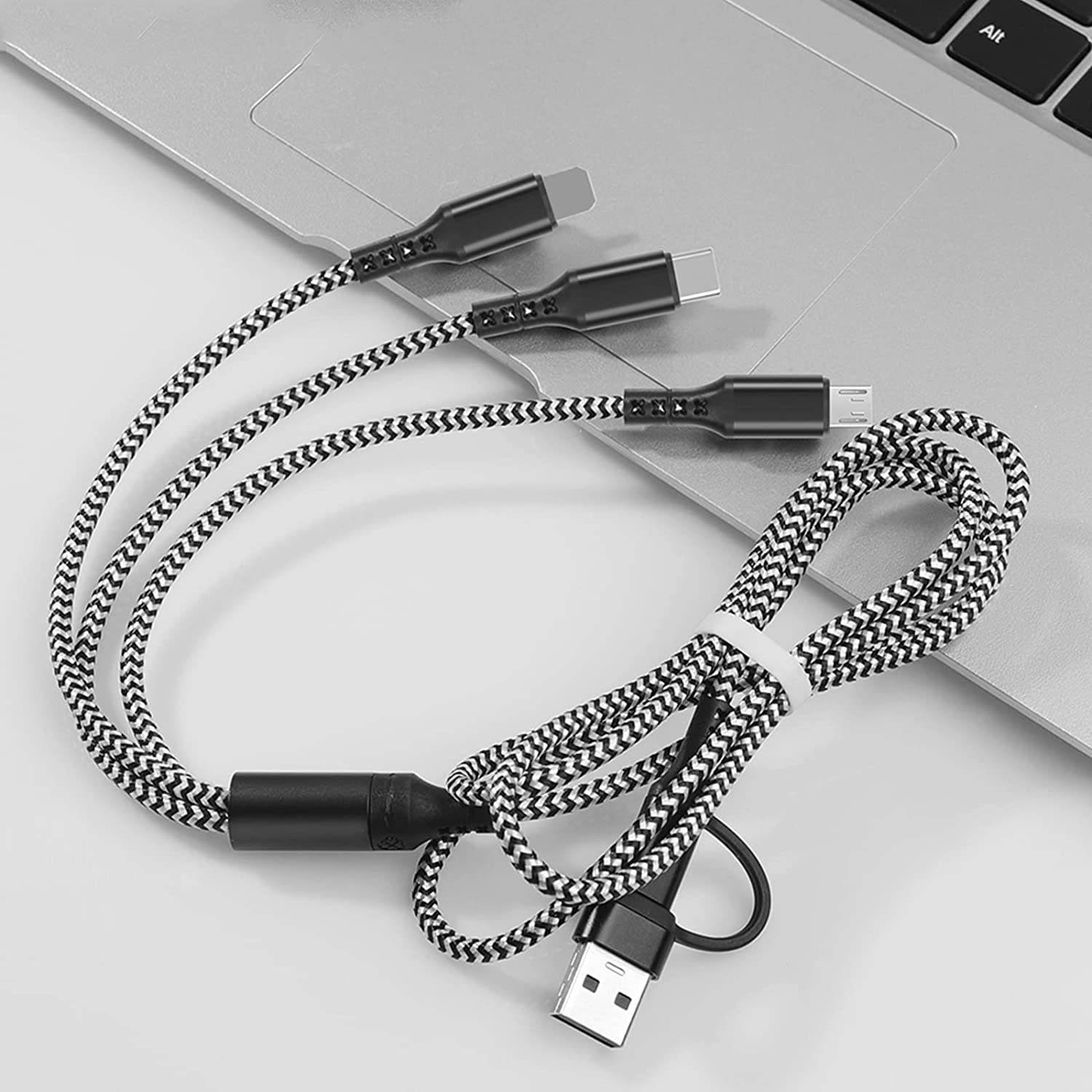 Multi Charging Cable, 5 in 1 USB A/USB C Multi Charger Cable Nylon Braided Fast Charging Cord with IP Micro USB Type-C Port, Multi USB Cable for Phone 16 15 14 13 12 11 X 8 6 Samsung and More