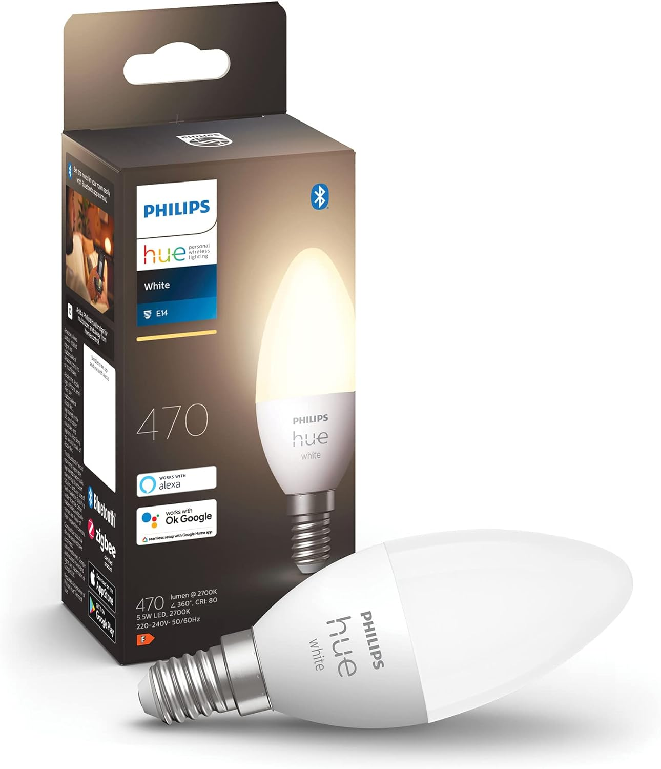 Philips Hue White Smart Light Bulb Candle 470 Lumen [E14 Small Edison Screw] with Bluetooth, Compatible with Alexa, Google Assistant, Apple Homekit image number 5