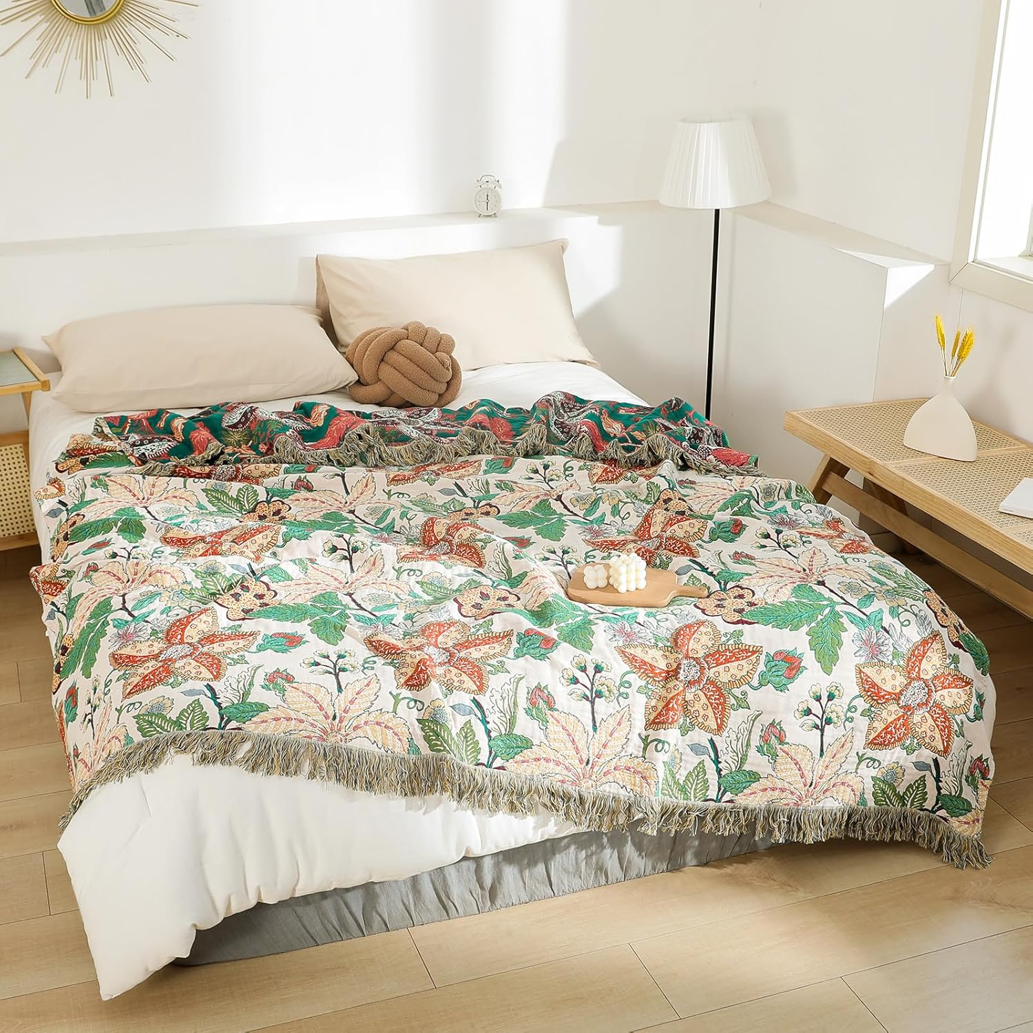 MSGKV Boho Throw Blanket for Bed Twin Size Cotton Muslin Breathable Floral Blanket 60"X80" Sofa Couch Blankets for All Seasons Lightweight Farmhouse Blankets Boho Home Decor image number 1