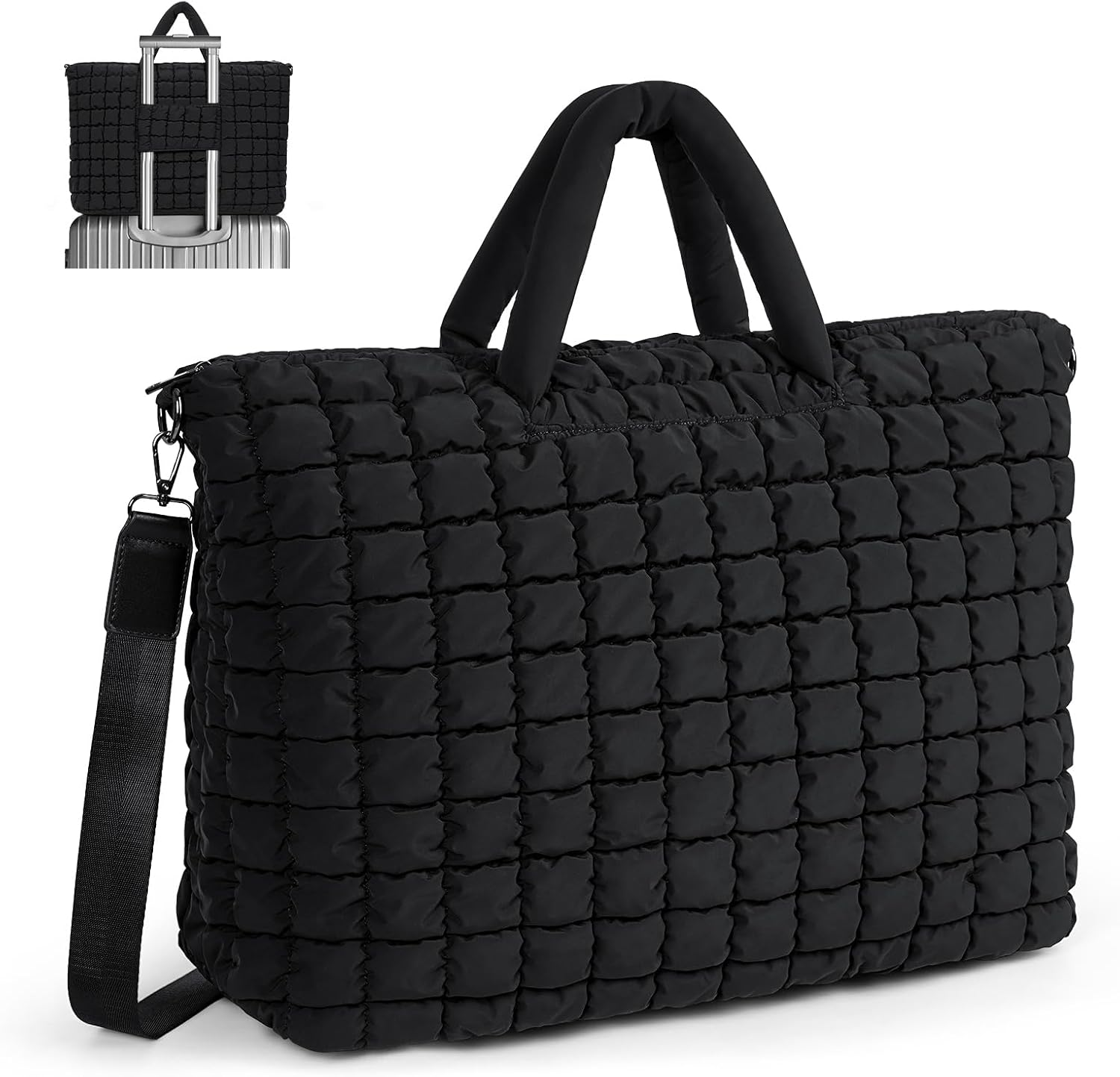 ANKICK Quilted Duffle Bag for Travel, Large Puffer Duffel Weekender Bags Soft Gym Tote, Big Puffy Carry on Luggage Overnight, Black, Contemporary