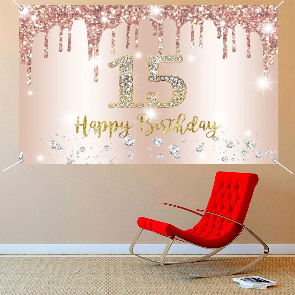 Happy 15Th Birthday Decorations Birthday Backdrop Banner for Girls Happy 15 Years Old Party Fabric Sign Poster Girl Birthday Rosegold Photography Background 15Th Birthday Party Supplies, 59"X35.4" image number 1