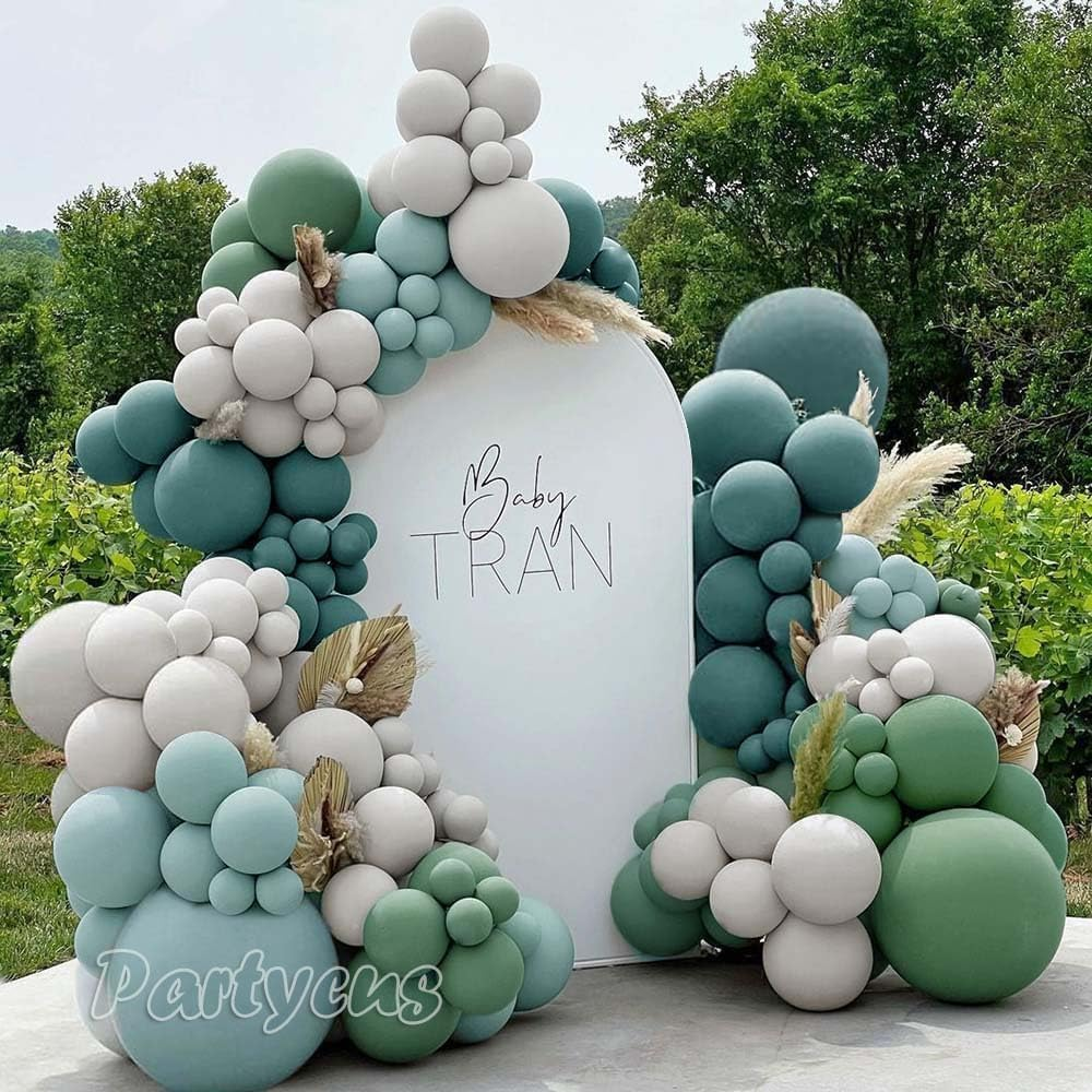 Partycus Dusty Blue and Green Balloon Garland - Double Stuffed Sage Green Teal White Matte Balloons Olive Slate Blue Boho Arch Kit for Baby Shower Neutral Birthday Bridal Party Decoration Medium