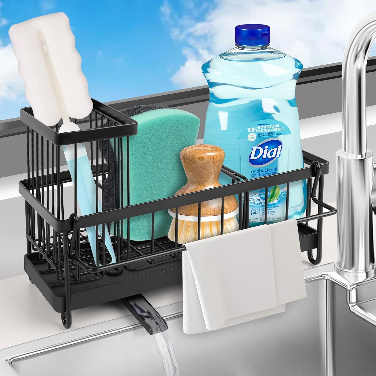 Sponge Holder for Kitchen Sink, Sink Caddy with High Brush Holder, Stainless Steel Dish Organizer Divider, Soap Dispenser Storage, Black image number 1
