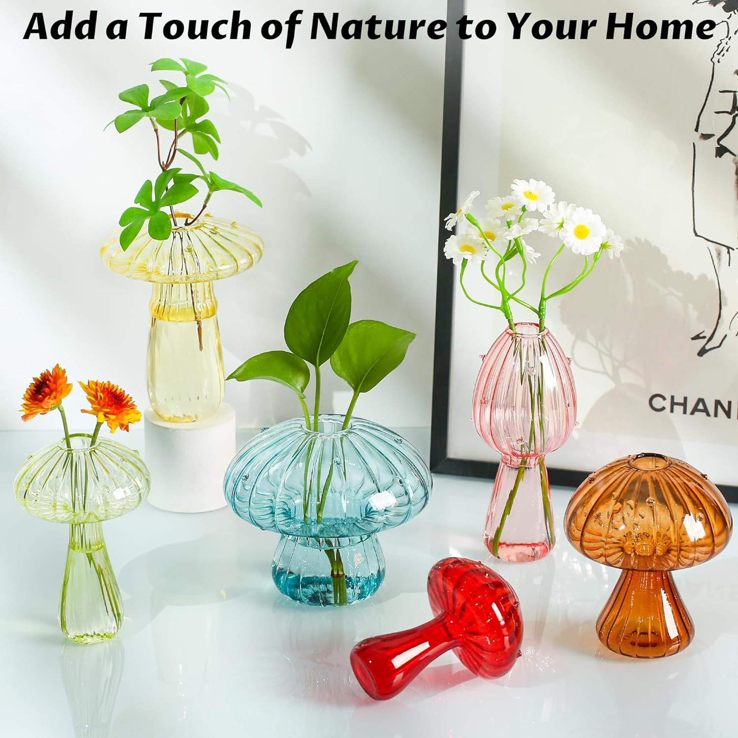 Plant Propagation Station, Set of 6 Colored Mushroom Vase, Propagation Stations, Small Plant Terrarium, Unique Crystal Mushroom Jars for Plants for Hydroponics Home Garden Office Decoration (Colorful) - Clear image number 6