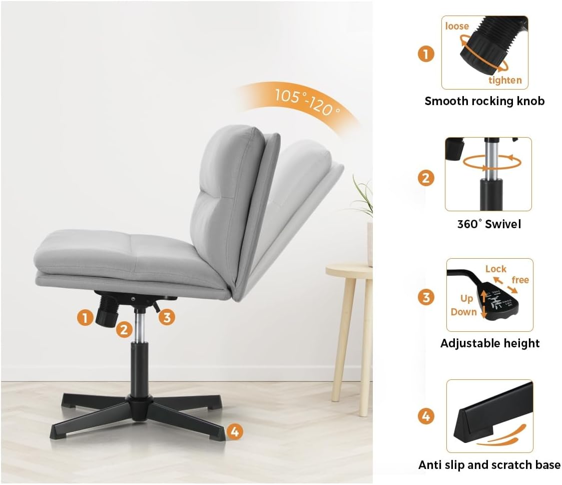 Oikiture Cross Legged Chair with Wider Cushion Padded Max 120&deg;Rocking Home Office Chair Linen Fabric Computer Desk Chair Grey image number 2