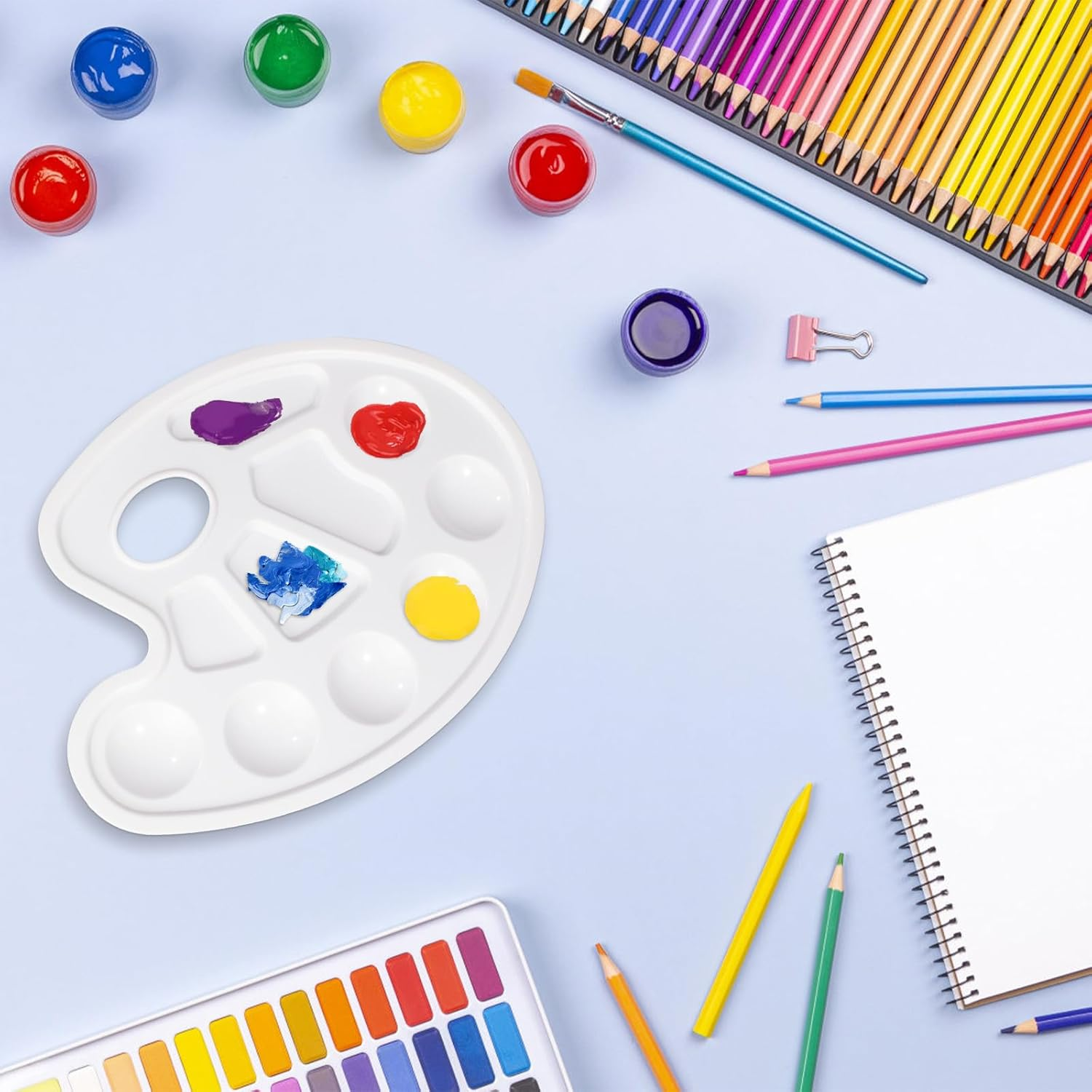 ASTIMESA 8 Pcs Paint Palette with Thumb Hole & 10 Wells, Oil Watercolor Painting Palette Tray, White Paint Trays for Painting, Paint Mixing Palette Holder for Artist Art Supplies (Oval) image number 3