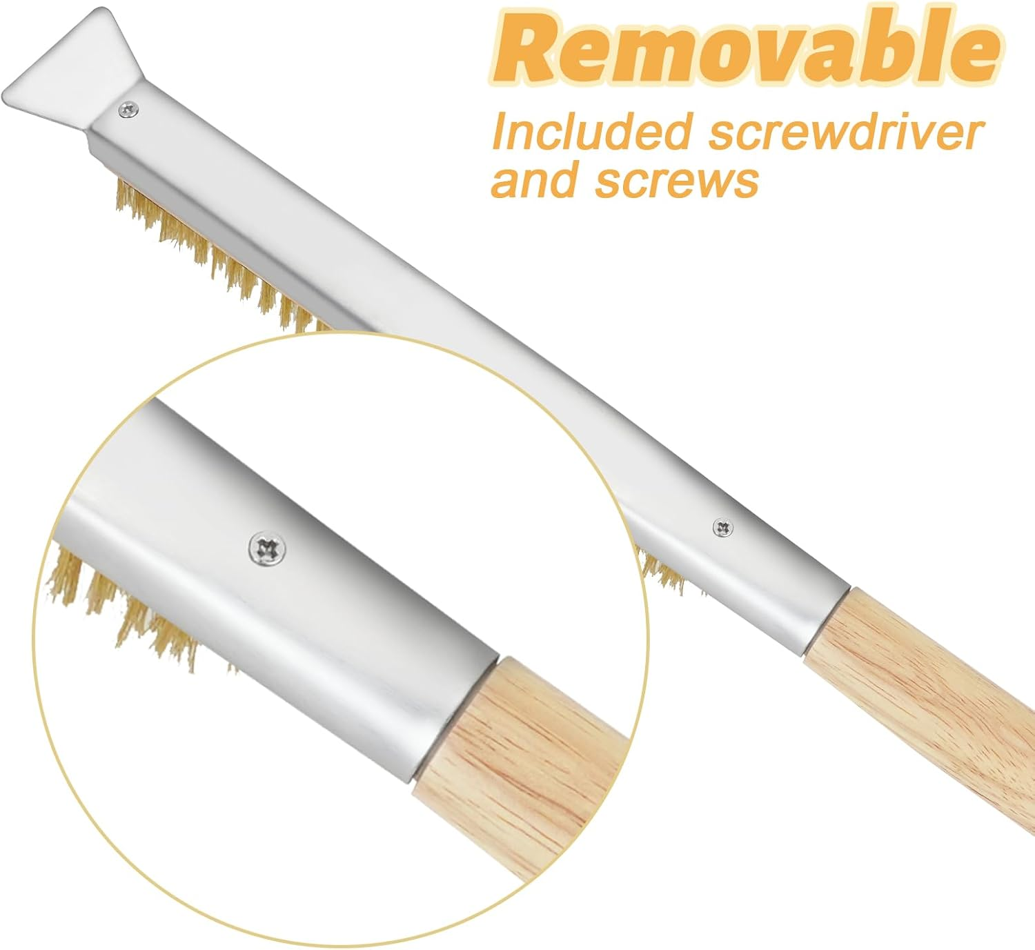 21'' Pizza Oven Brush with Scraper, Brass Bristles Pizza Stone Cleaning Brush with Wooden Long Handle Hanging Ring for Oven Pizza Accessories Outdoor (Copper Wire Brush) image number 4