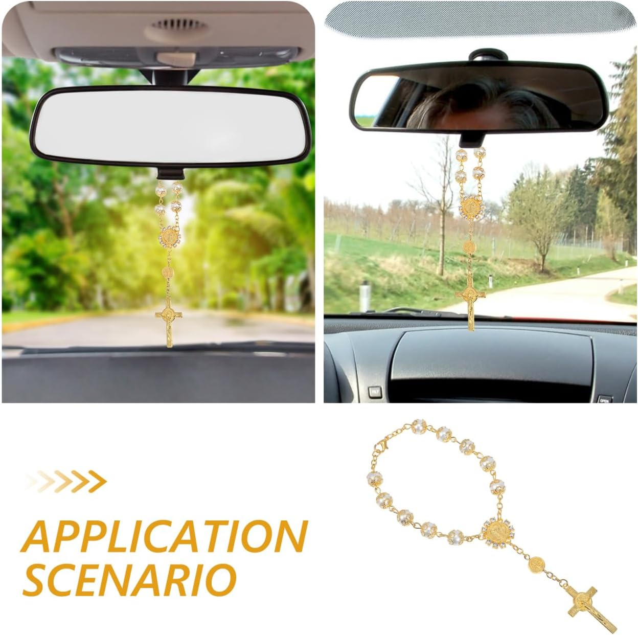 Iplusmile Imitation Pearl Hanger with Cross Pendant and Beaded Bracelet Car Ornament for Rearview Mirror Stylish 7.1X3.5 Inch Decorative Car Accessories - Silver image number 5