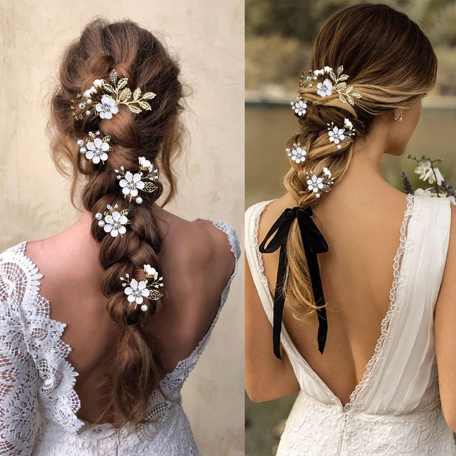 5 Pieces Bridal Flower Wedding Hair Pins Crystal Pearl Hair Pins Clips Headpiece Gold Wedding Hair Accessories Jewelry with Rhinestone for Brides Bridesmaids Women Girls Updo(Pure White Flower) - Exquisite Flower Leavesspecial Cream Blue image number 6