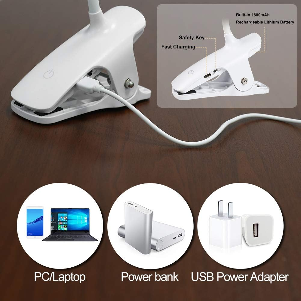 Clip-On Reading Light for Bed - Amber Book Light at Night Rechargeable 5 Brightness Desk Light Clamp Lamp, Touch Control Dimmable Lamp with Flexible Neck, Gentle Night Light (White) image number 5