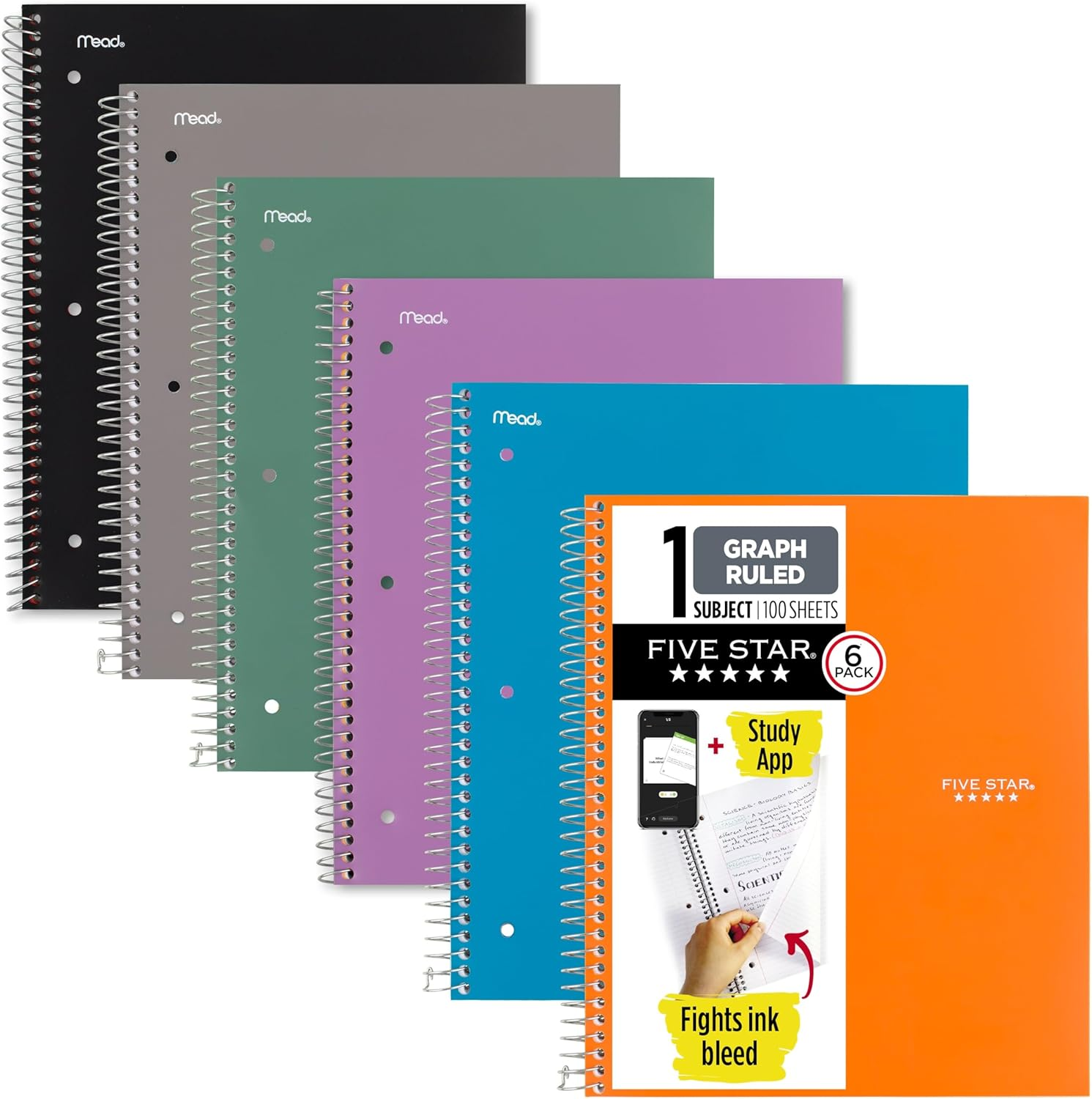 Five Star Spiral Notebooks, 6 Pack, 1 Subject, Graph Ruled Paper, Fights Ink Bleed, Water Resistant Cover, 8-1/2" X 11", 100 Sheets, Purple, Orange, Green, Blue, Gray, Black (73549) image number 6