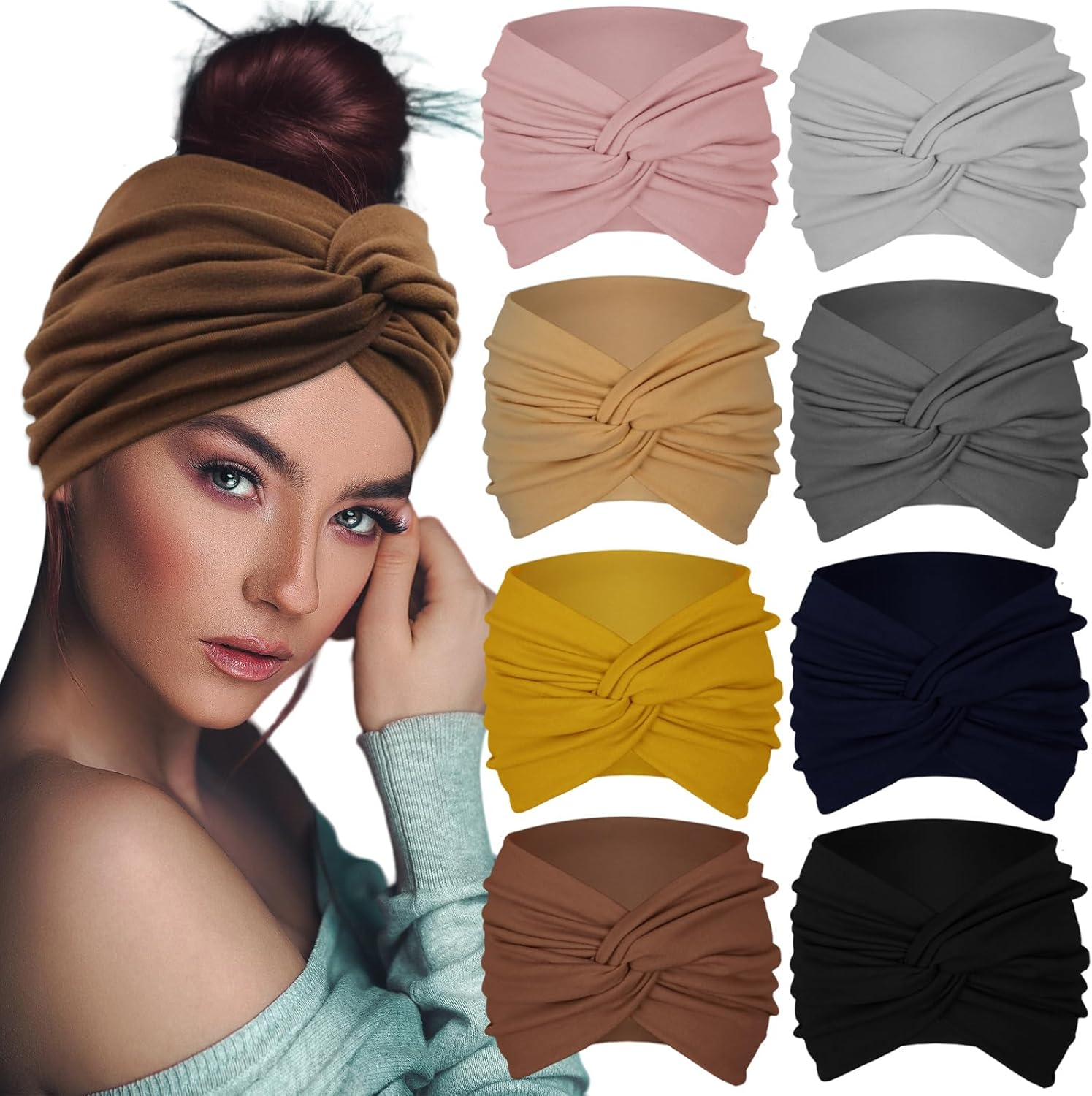 Extra Wide Headbands for Women 7'' Large Headband Twist Head Bands Women'S Hair Band Stretchy Turban Girls Styling Accessories 8 Pack