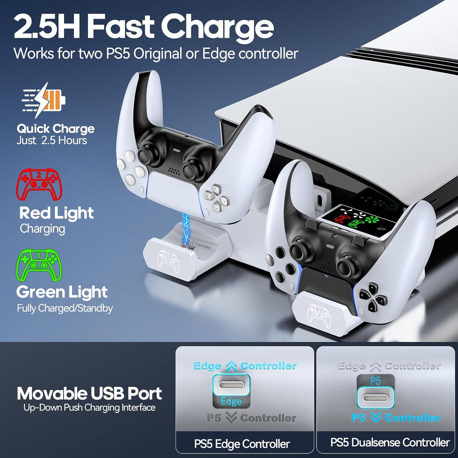 PS 5/Slim/Pro Horizontal Stand with Cooling Fan & PS 5 Controller Charger for Original & Edge Controllers, P S5 Cooling Stand with Scalable Design & EVA Foams for All P S5 Disc & Digital Console, White image number 3