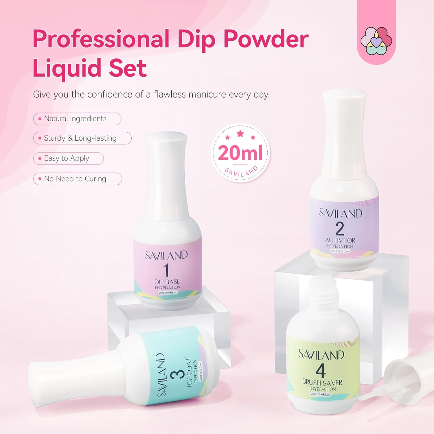 SAVILAND Dip Powder Liquid Set: 20 Ml Ultimate Nail Dip System Essentials Liquid Large Capacity Dipping Base Activator Top Coat Brush Saver No Curing Needed for DIY Home Manicure