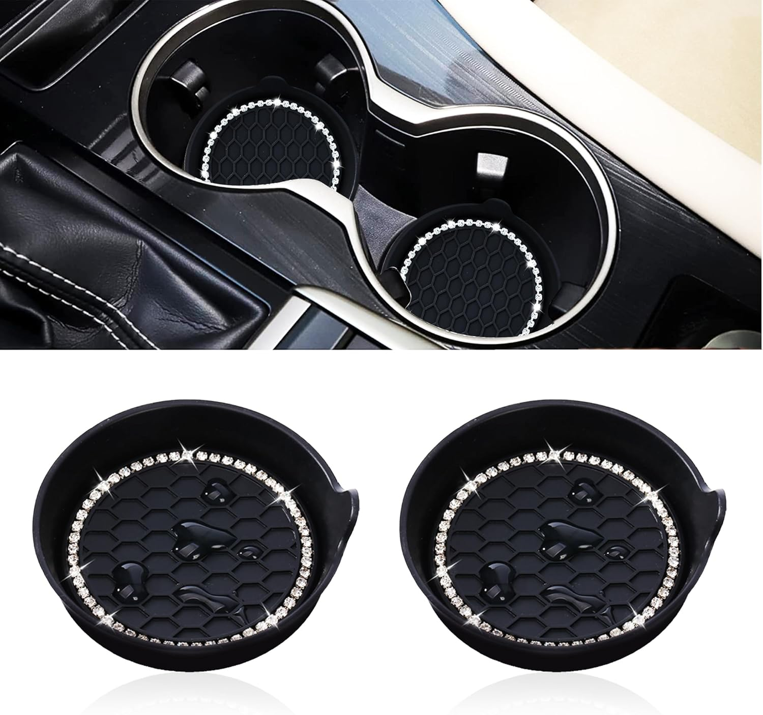 Toiyason Car Cup Coaster Universal Vehicle Spill Holder Automotive Interior Accessory with Bling Rhinestone Red 4 Pack